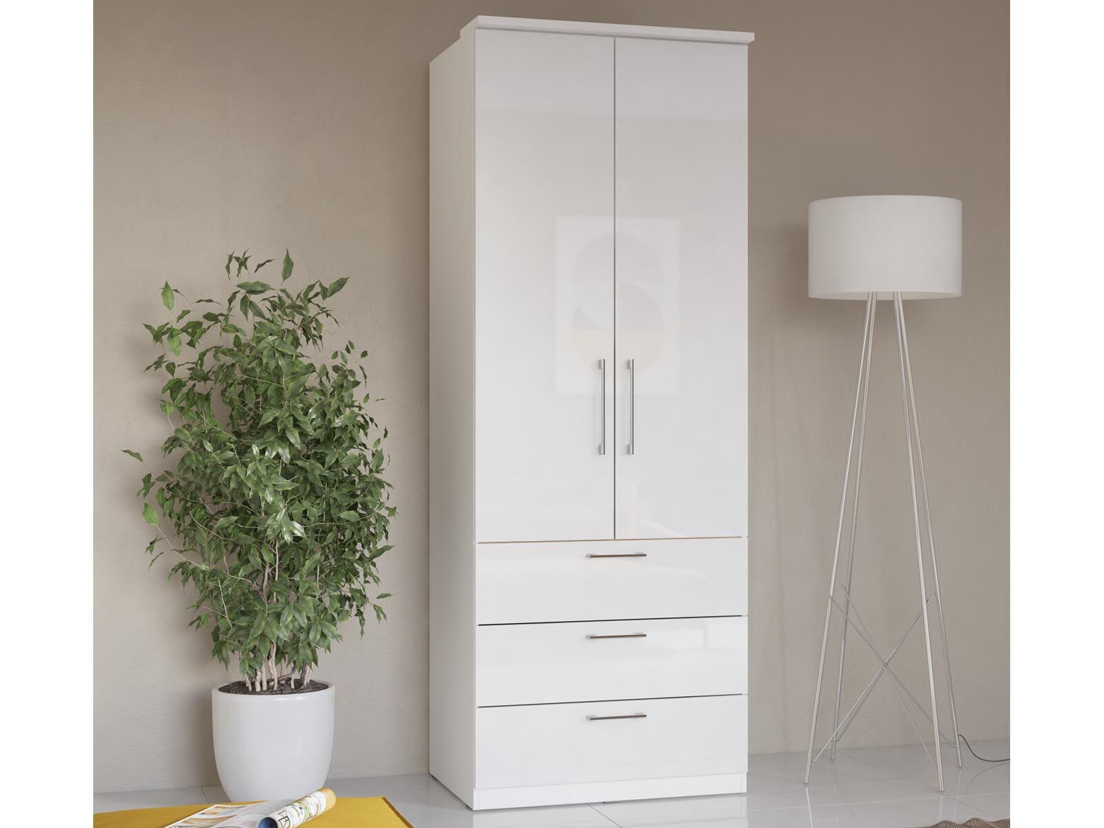 Armoire OPTICO 2 portes 3 tiroirs blanc/blanc brillant