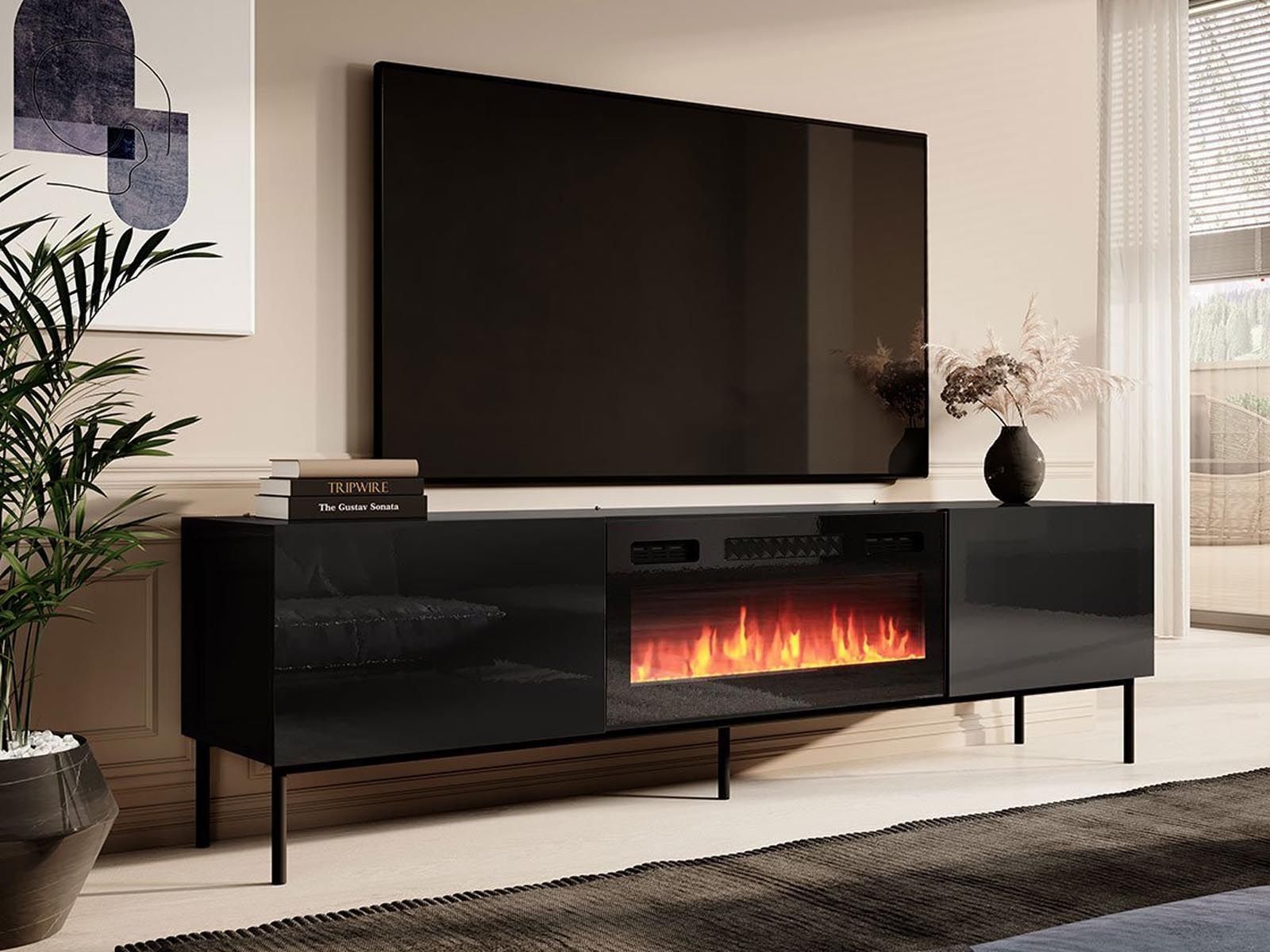 Meuble tv-hifi cheminée SKIPPY 2 portes noir/noir brillant