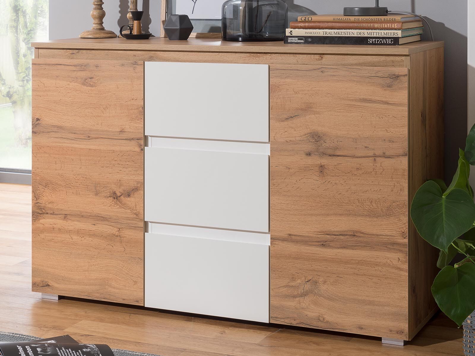 Commode IMANO 2 portes 3 tiroirs chêne doré/blanc