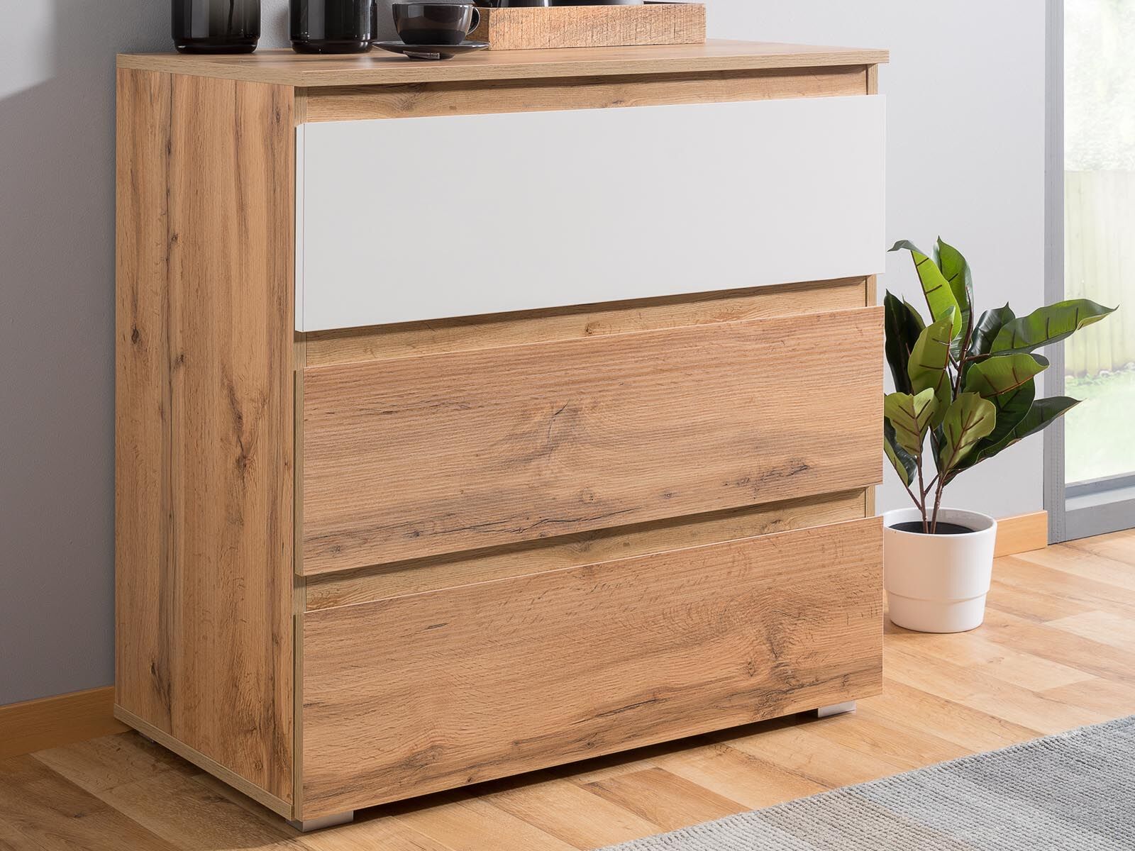 Commode IMANO 3 tiroirs chêne doré/blanc