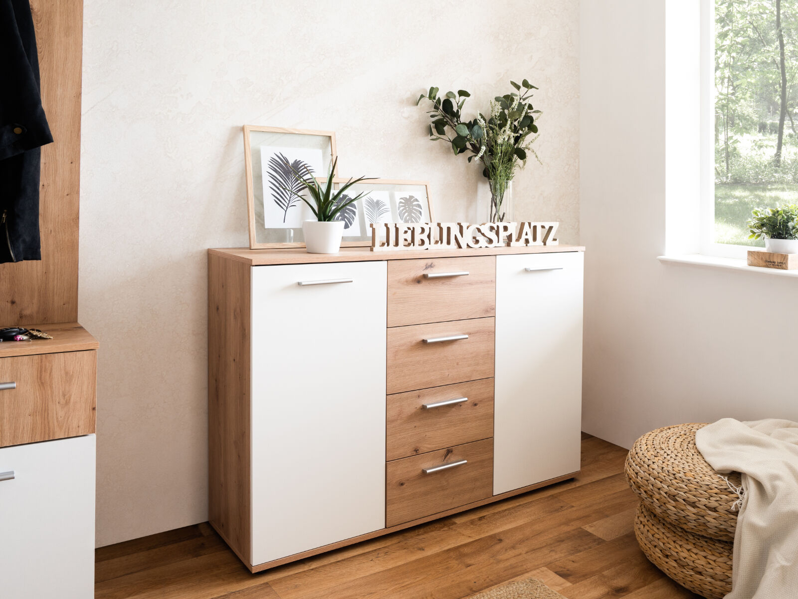 Commode JACKO 2 portes 4 tiroirs chêne sonoma/blanc