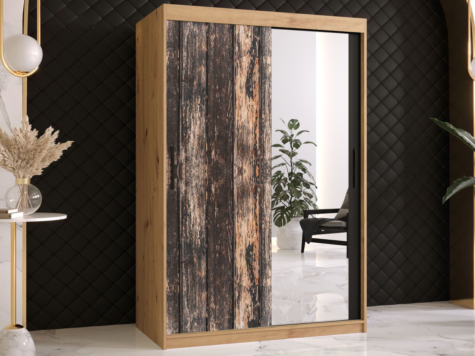 Armoire TODY 2 portes coulissantes 120 cm chêne artisan avec miroir