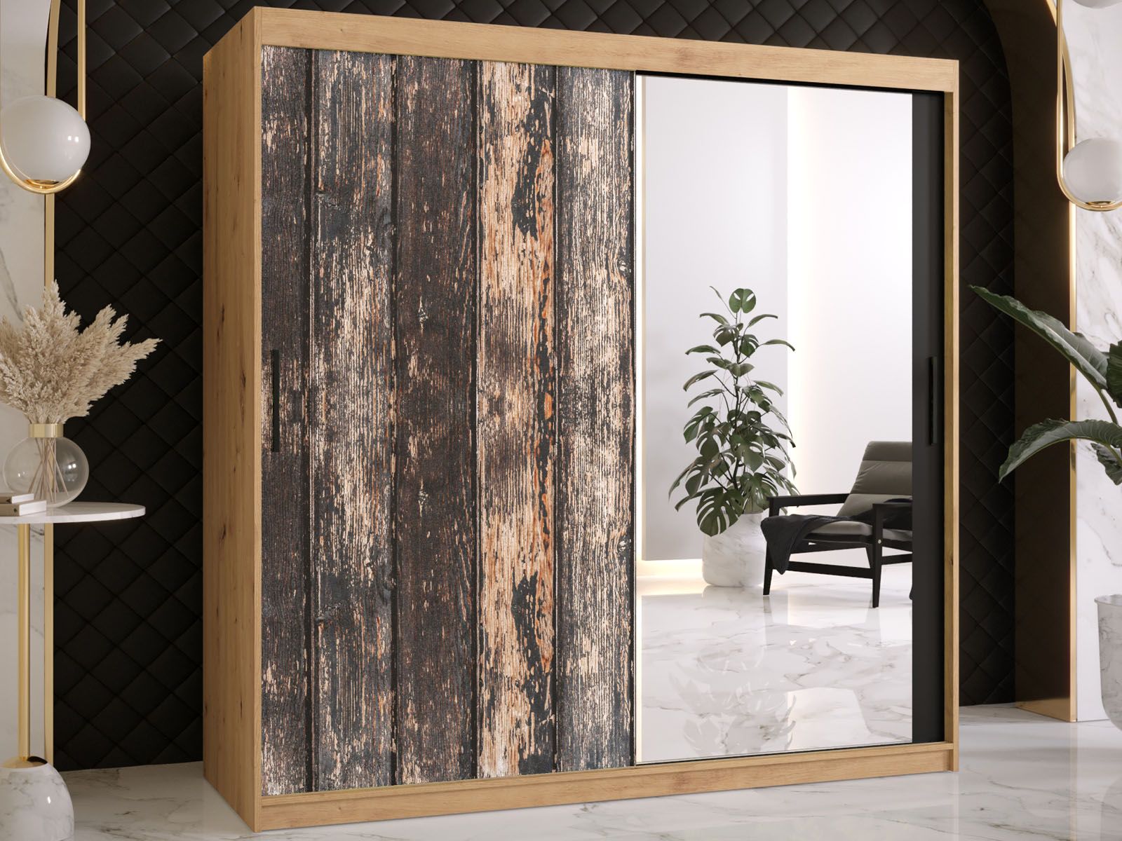 Armoire TODY 2 portes coulissantes 180 cm chêne artisan avec miroir