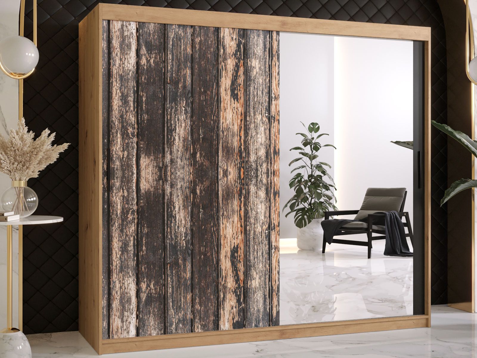 Armoire TODY 2 portes coulissantes 200 cm chêne artisan avec miroir