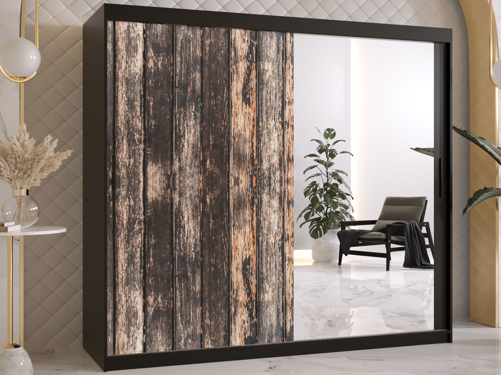 Armoire TODY 2 portes coulissantes 200 cm noir avec miroir