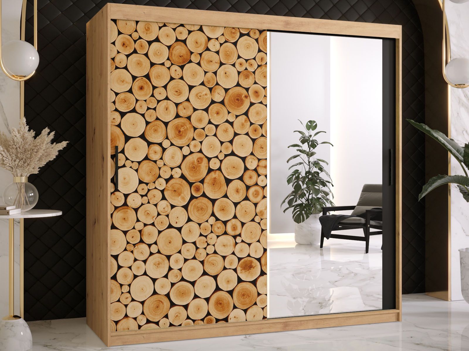 Armoire SOSNY 2 portes coulissantes 180 cm chêne artisan avec miroir