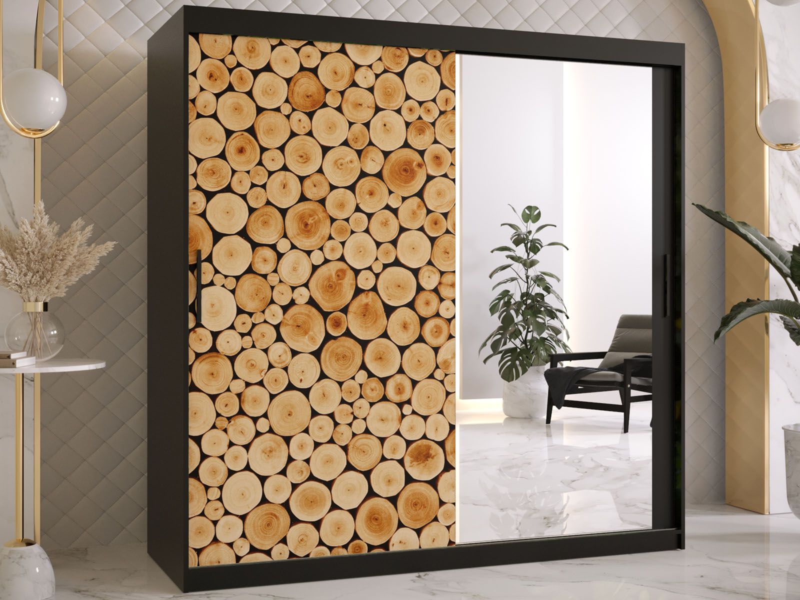 Armoire SOSNY 2 portes coulissantes 180 cm noir avec miroir