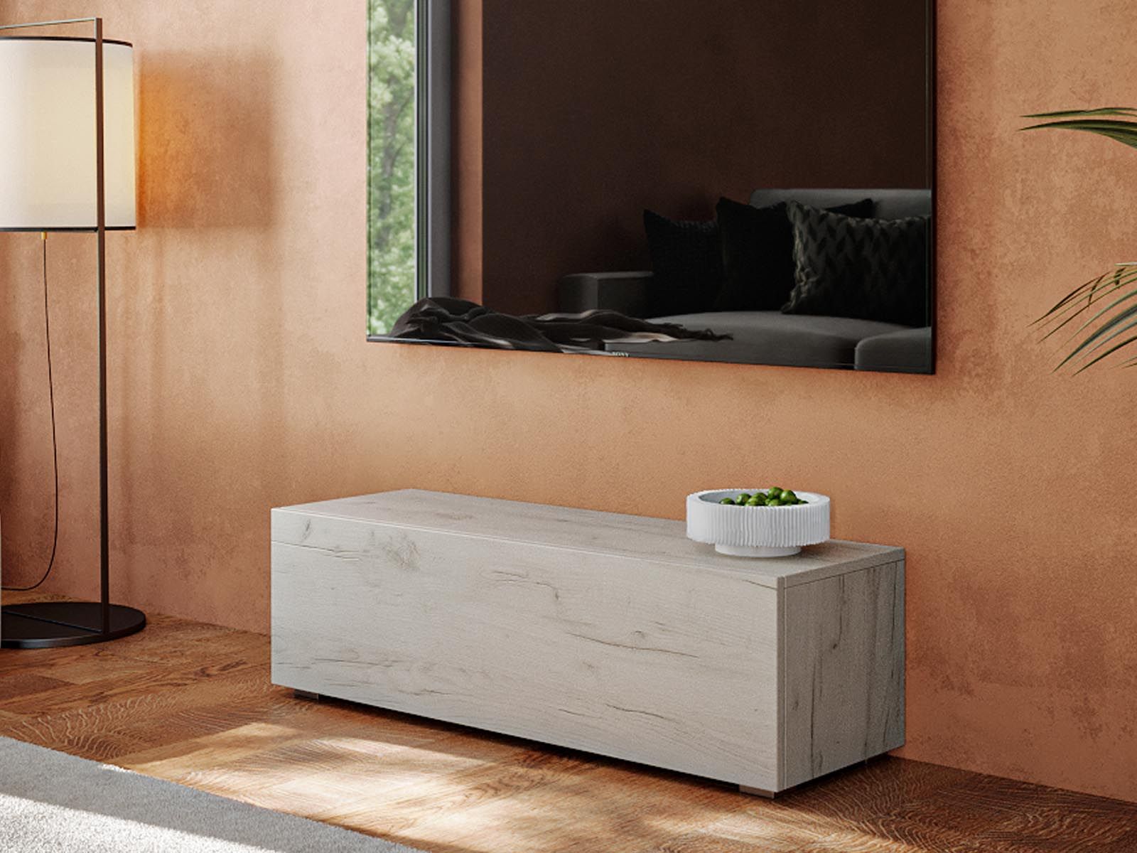 Meuble tv-hifi MARLEY 1 porte battantes 105 cm chêne blanchi sans table basse