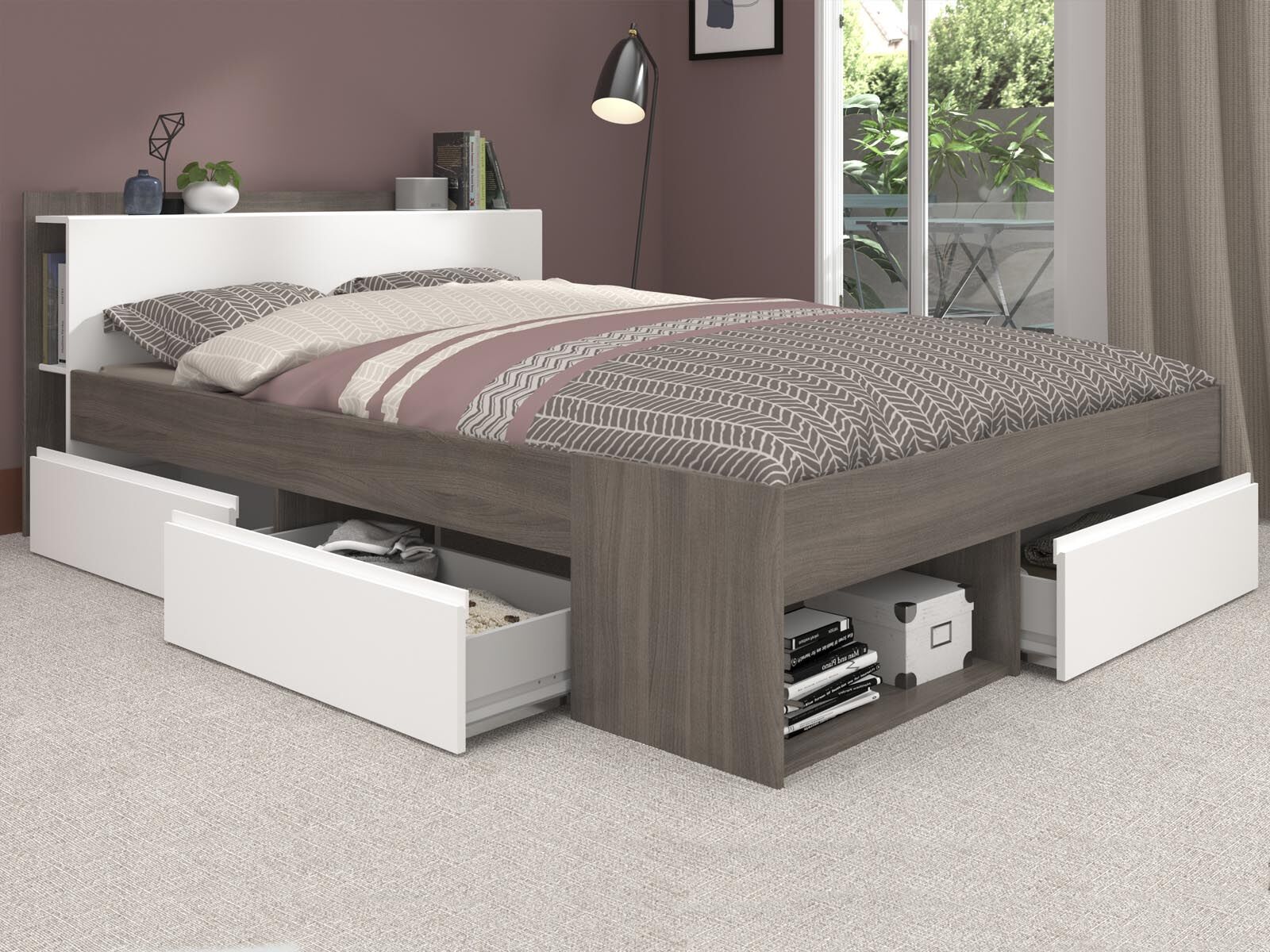 Lit NOE 140x190 cm noyer avec tiroirs