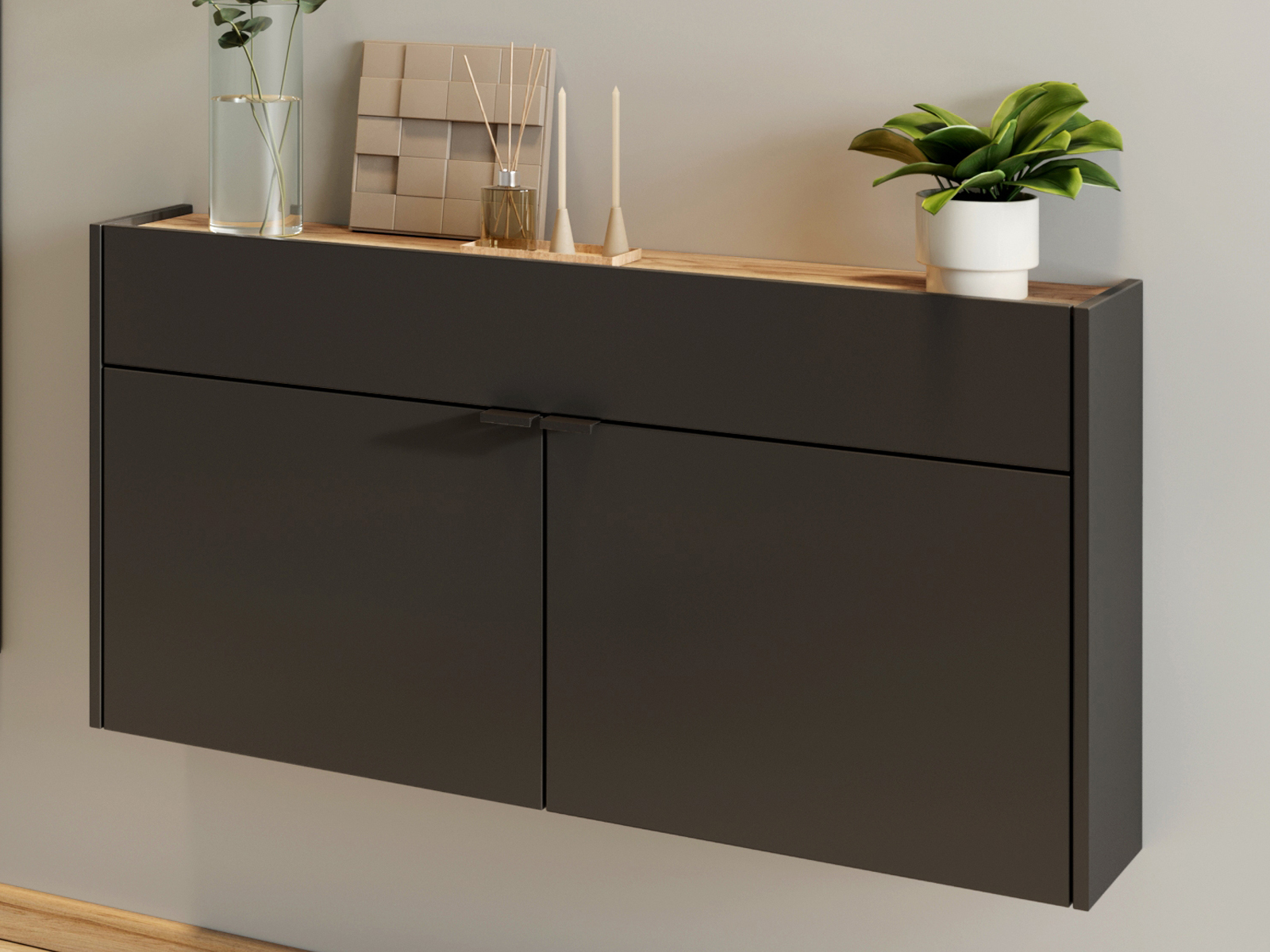 Meuble à chaussures AMEYA 2 portes 1 tiroir 110 cm graphite/chêne navarra (horizontal)