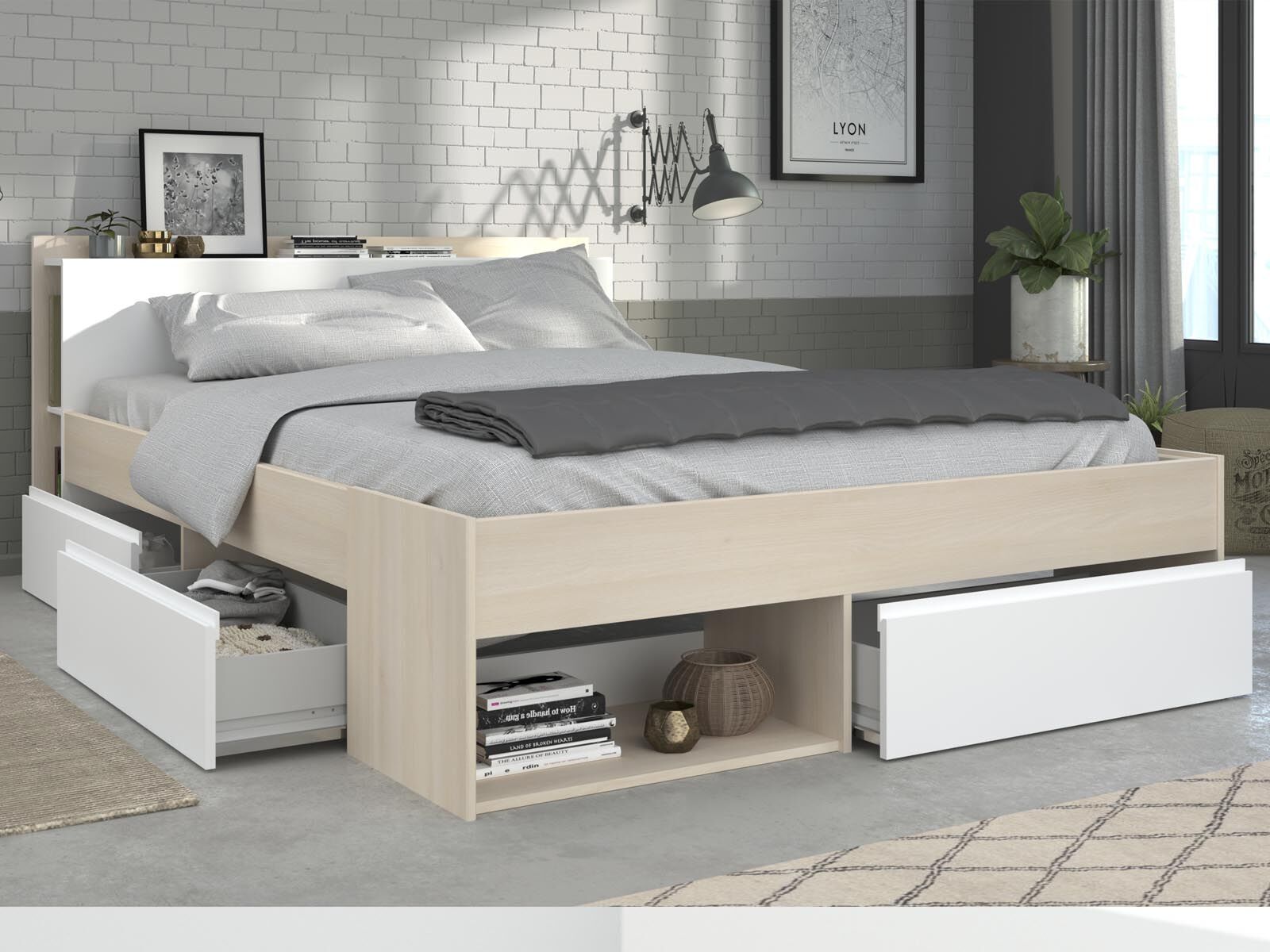 Lit NOE 140x200 cm acacia clair avec tiroirs