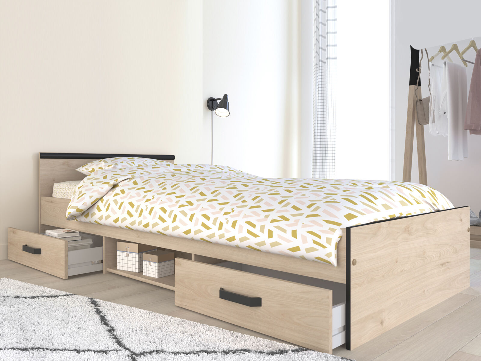 Lit NASHLEY 90x200 cm chêne artisan/noir