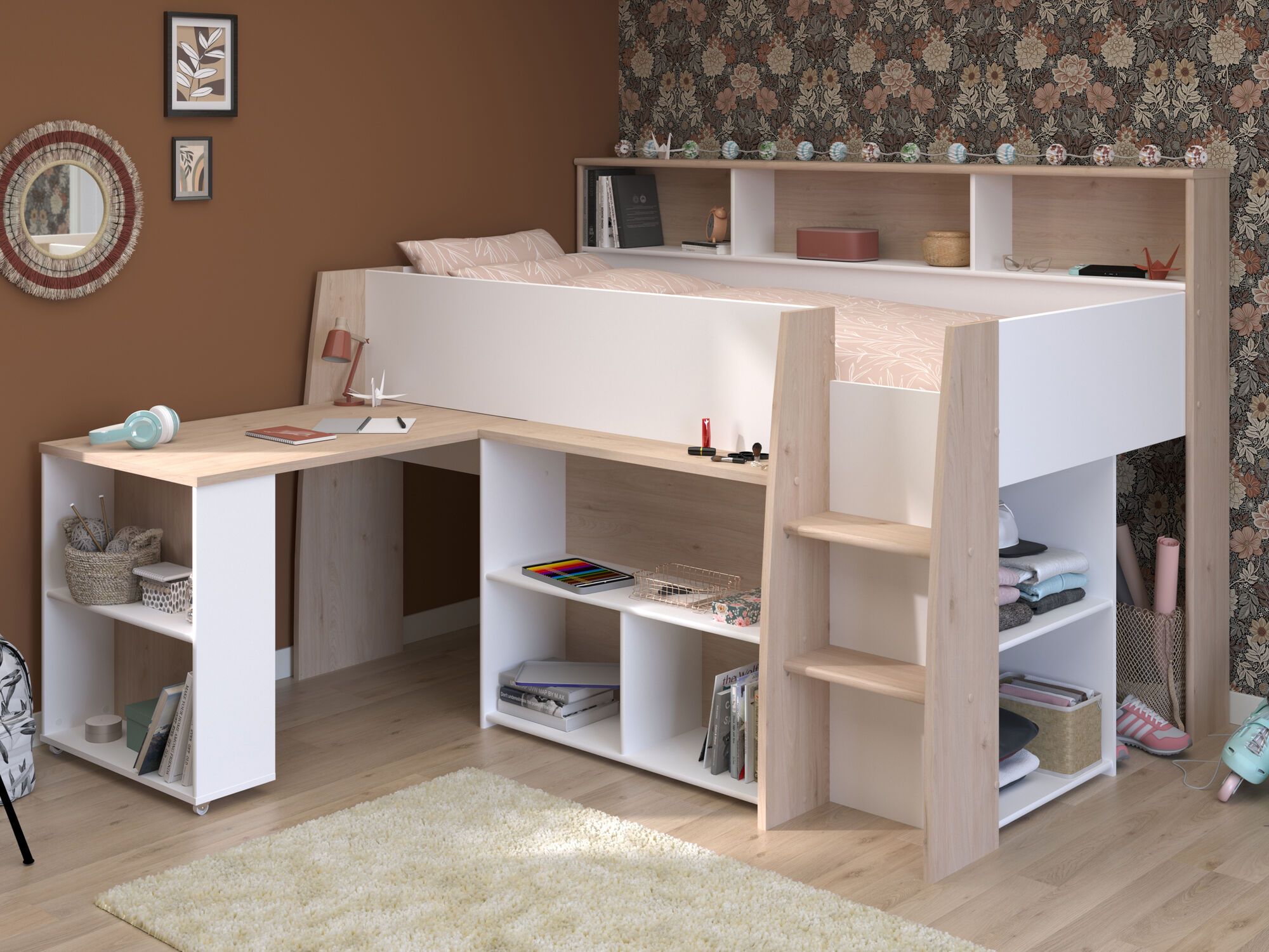 Lit combiné LUCATELI 90x200 cm chêne japonais/blanc