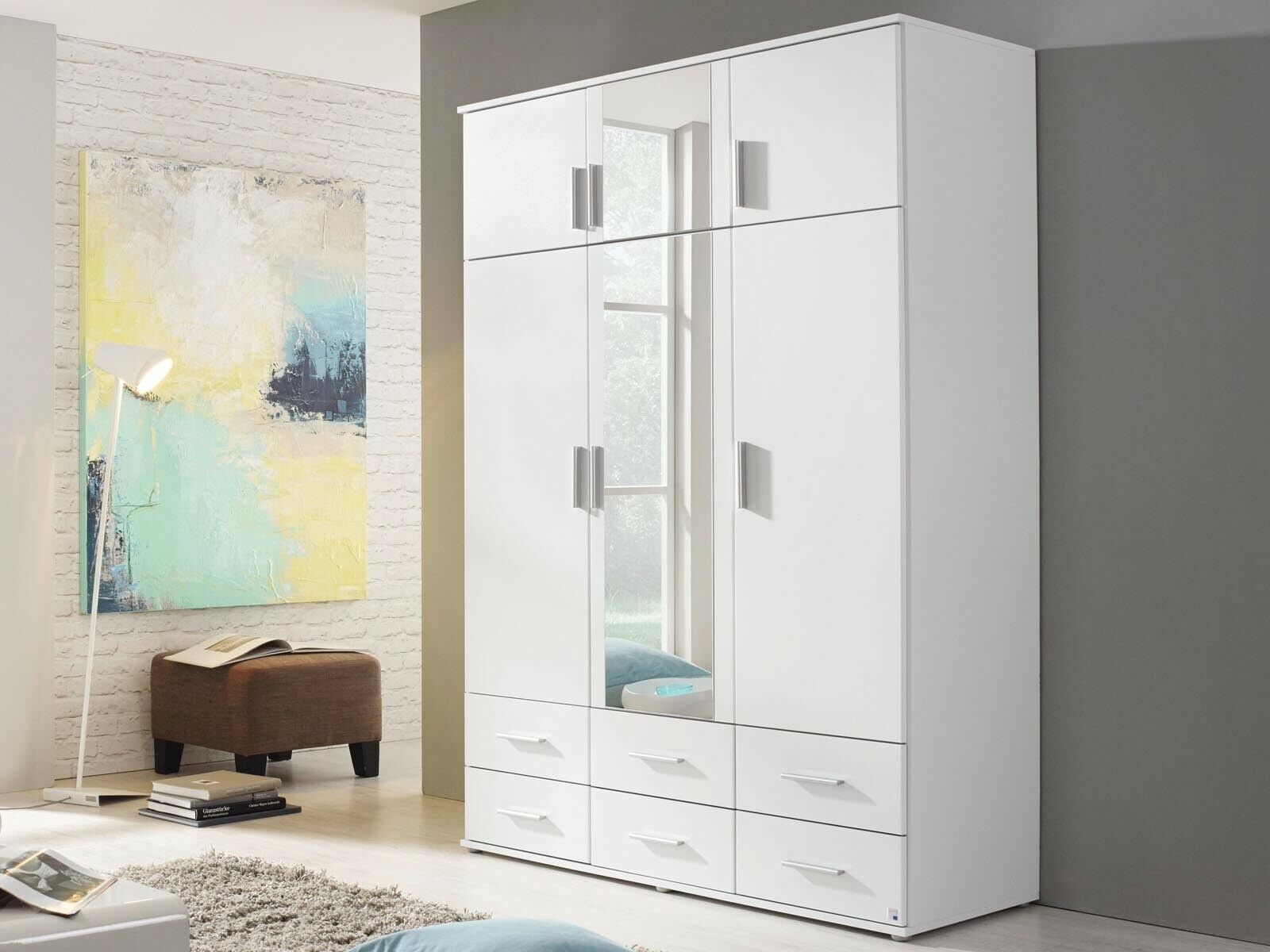 Armoire KEMMEL 6 portes et 6 tiroirs blanc avec miroir