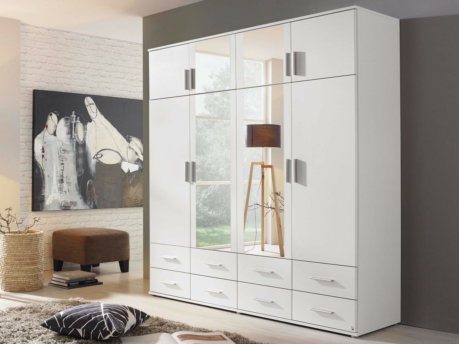 Armoire KEMMEL 8 portes et 8 tiroirs blanc avec miroir