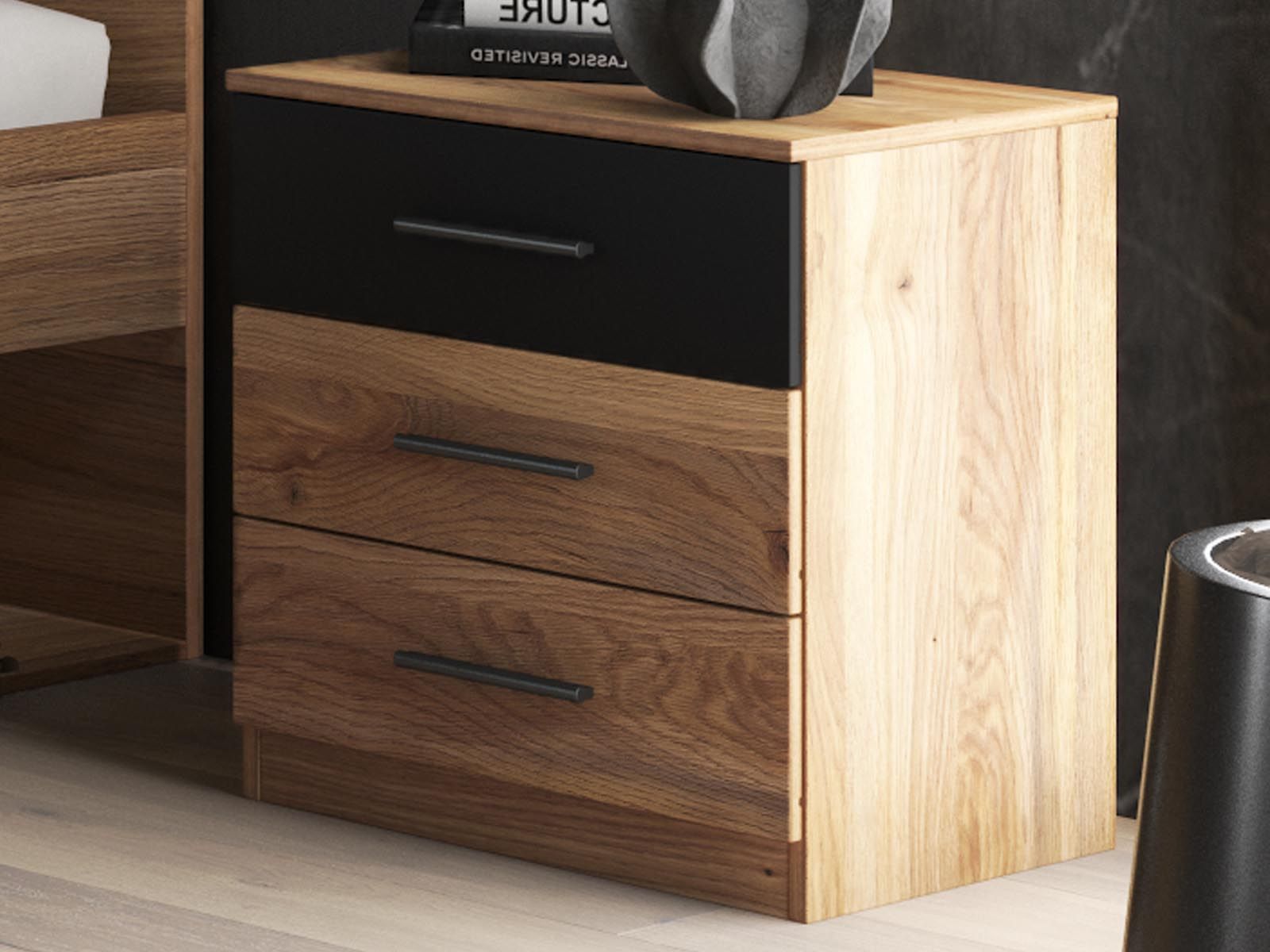 Chevet BETHUNE 3 tiroirs chêne mauvella/noir