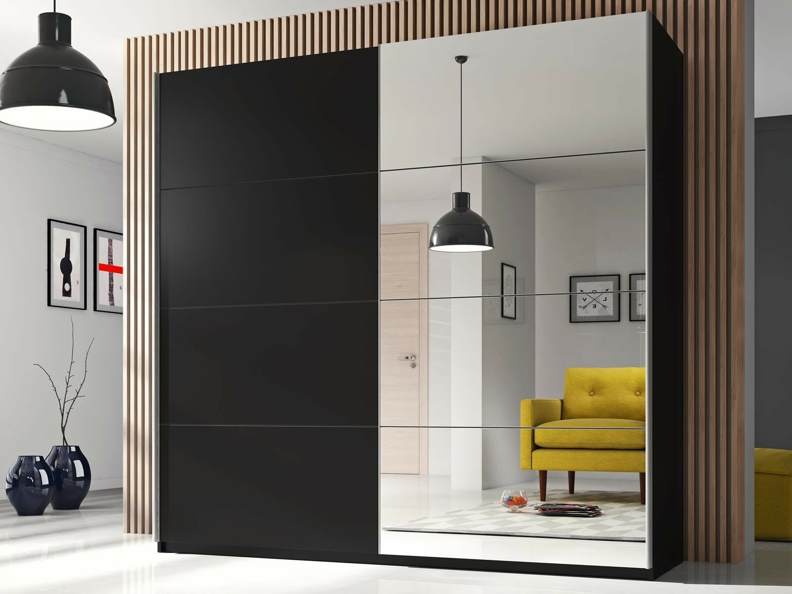 Armoire BELHAMBRA 2 portes coulissantes 200 cm noir avec miroir