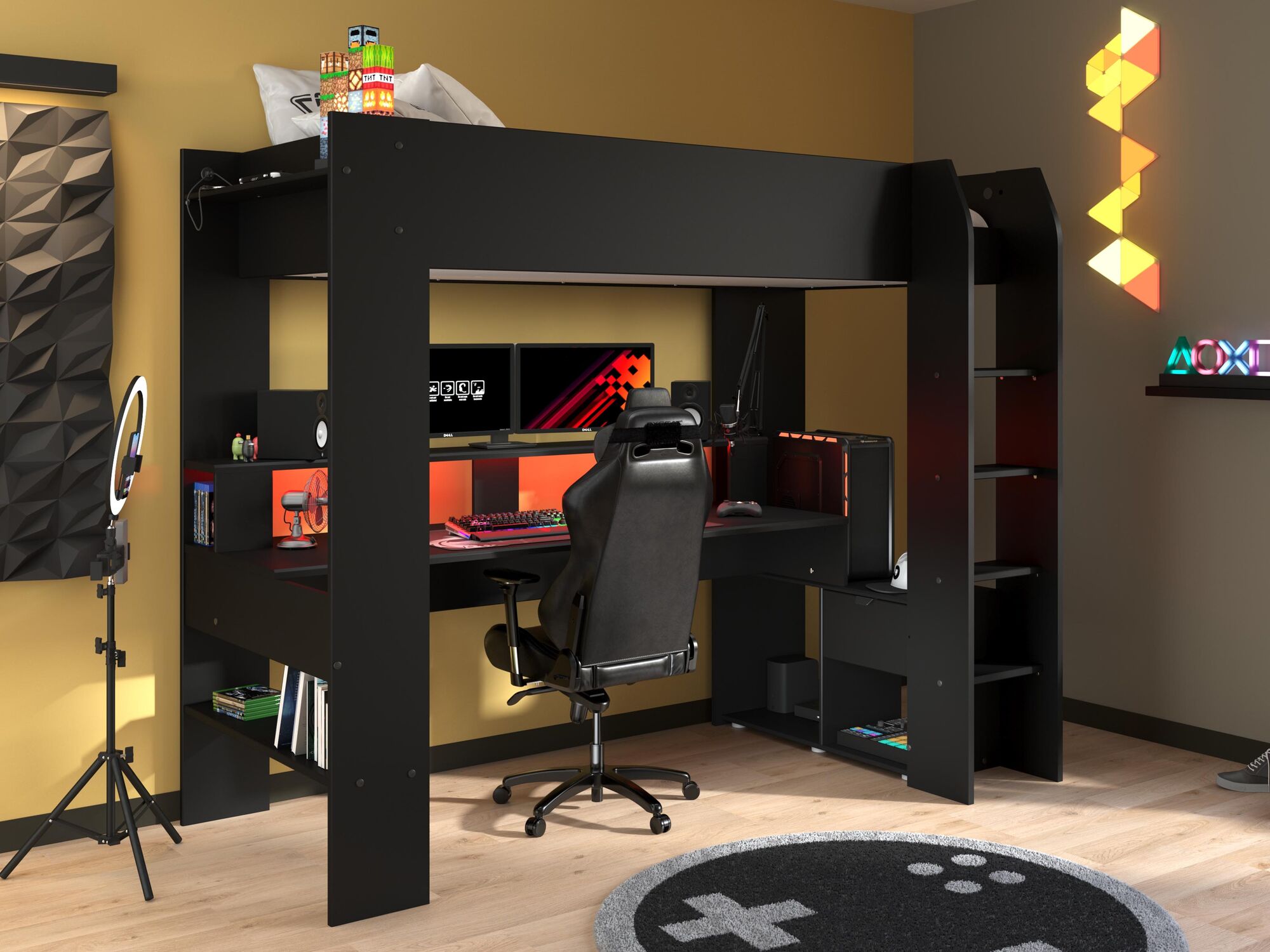 Lit surélevé GAMER 90x200 cm noir