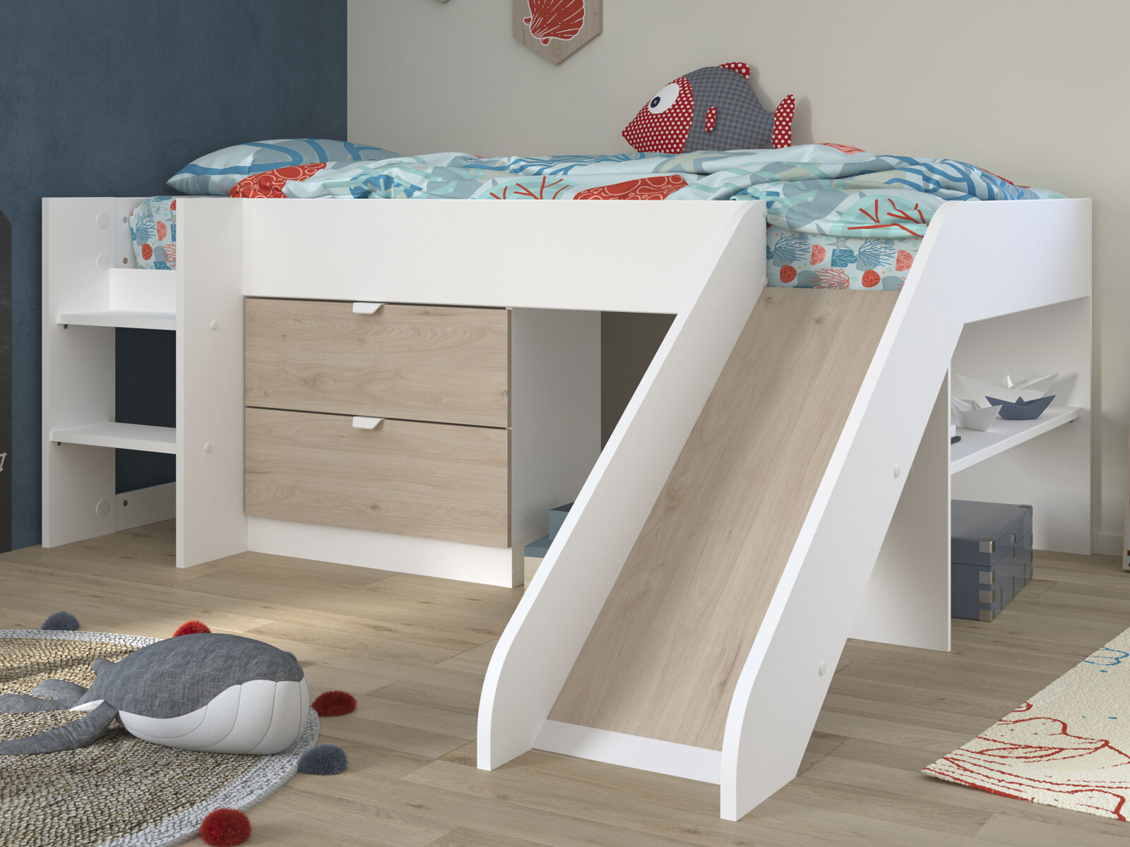 Lit combiné TOBIAS avec toboggan 90x200 cm chêne jackson/blanc