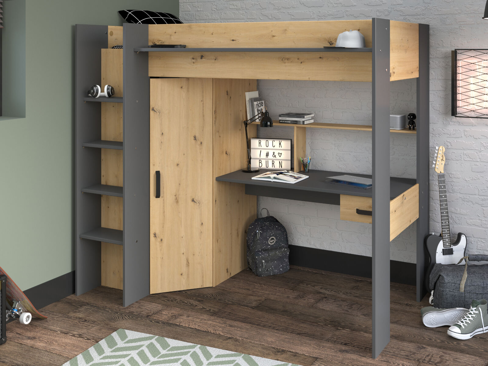 Lit mezzanine HELO 90x200 cm chêne artisan/gris