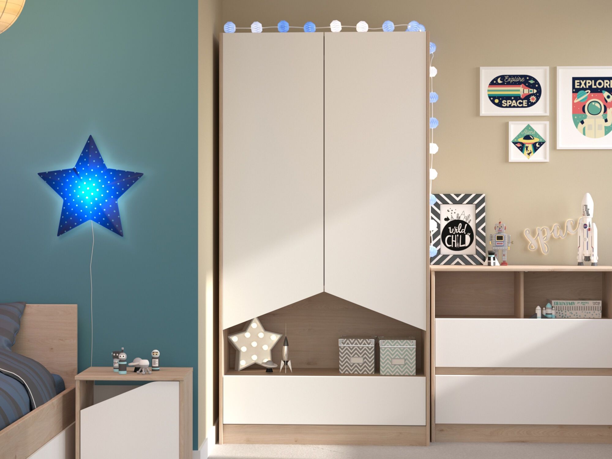 Armoire SHELASO 2 portes 1 tiroir chêne jackson/blanc