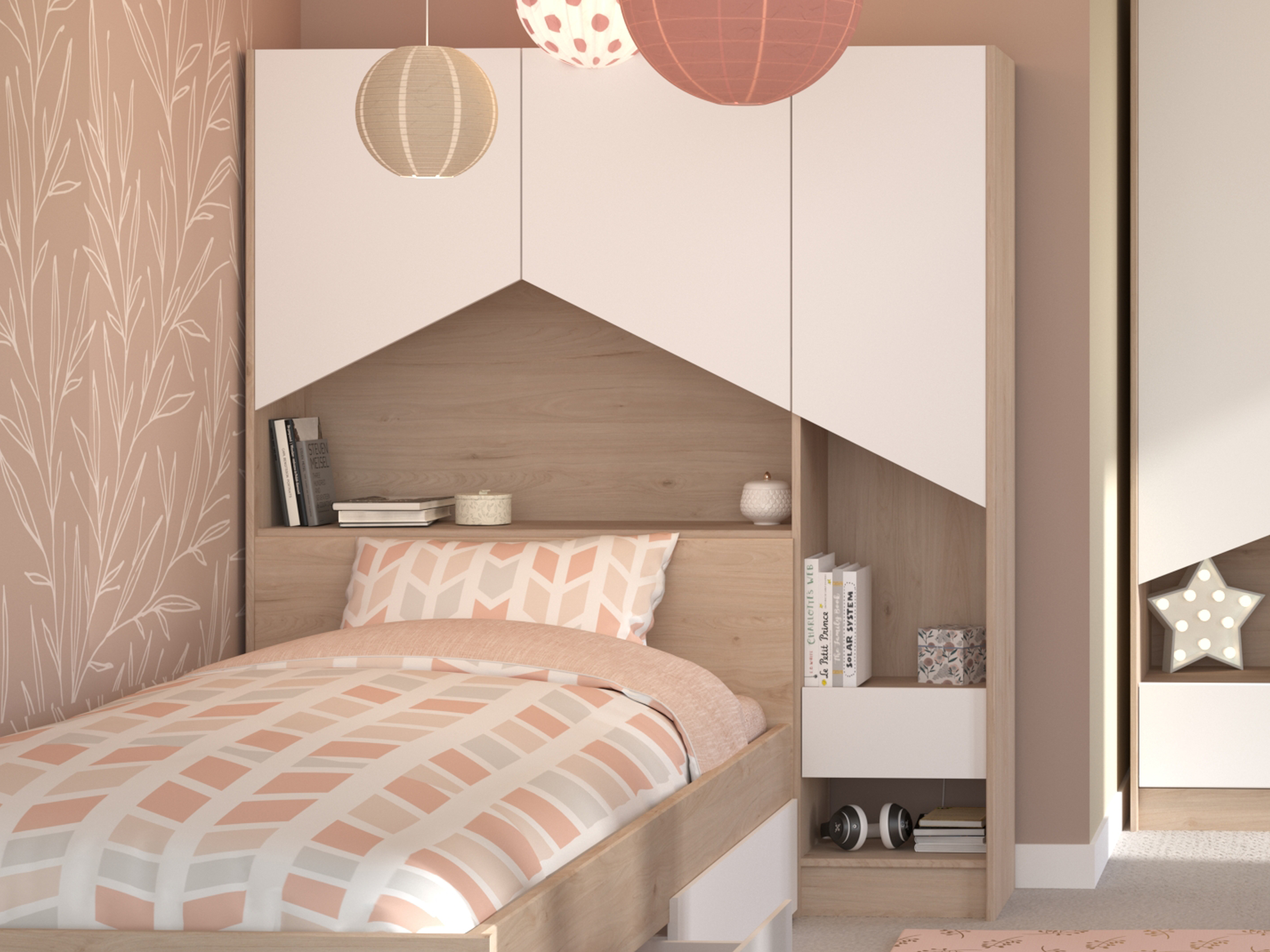 Pont de lit SHELASO 3 portes 1 tiroir chêne jackson/blanc