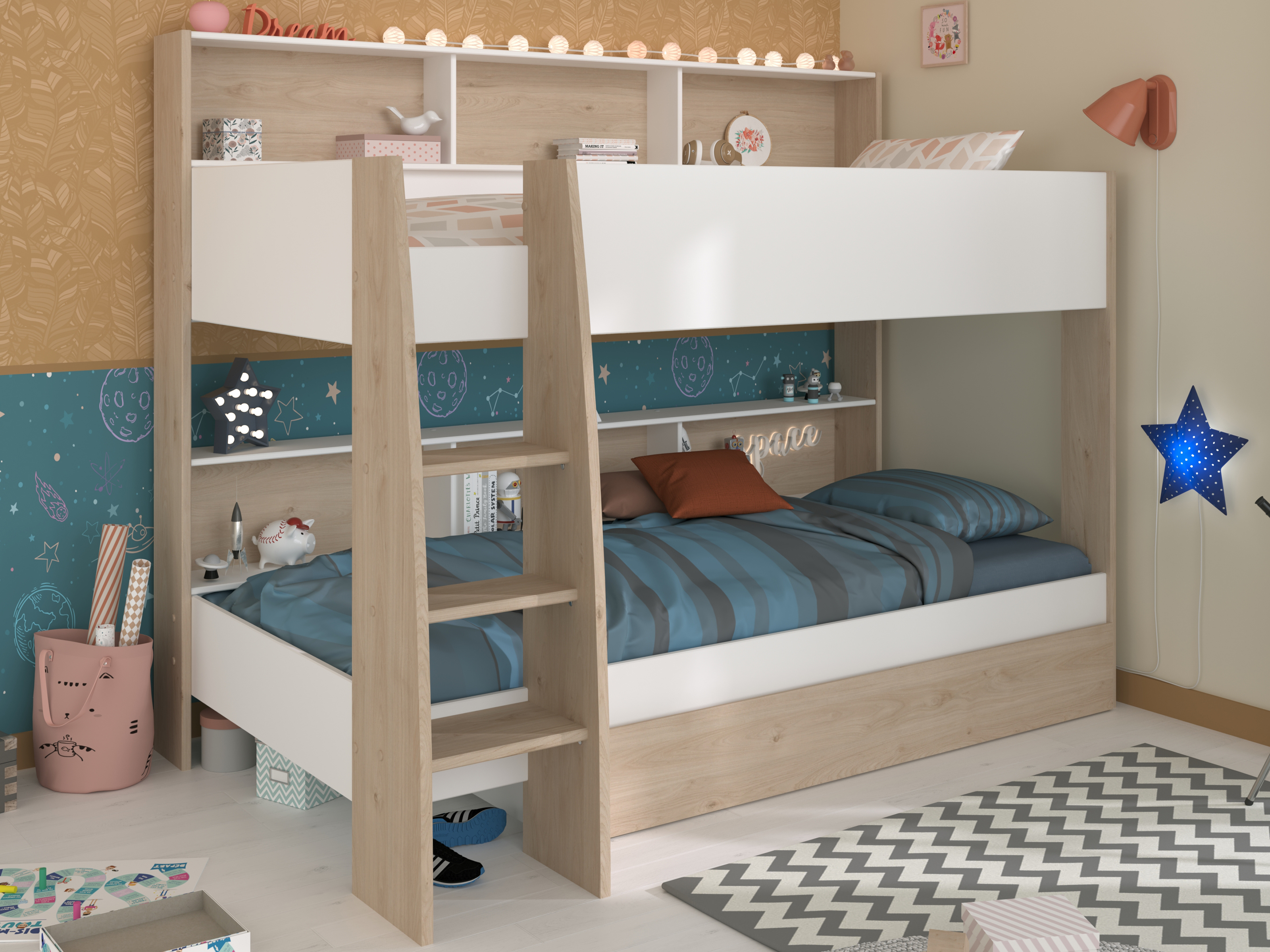 Lit superposé SHELASO 90x200 cm chêne jackson avec tiroirs