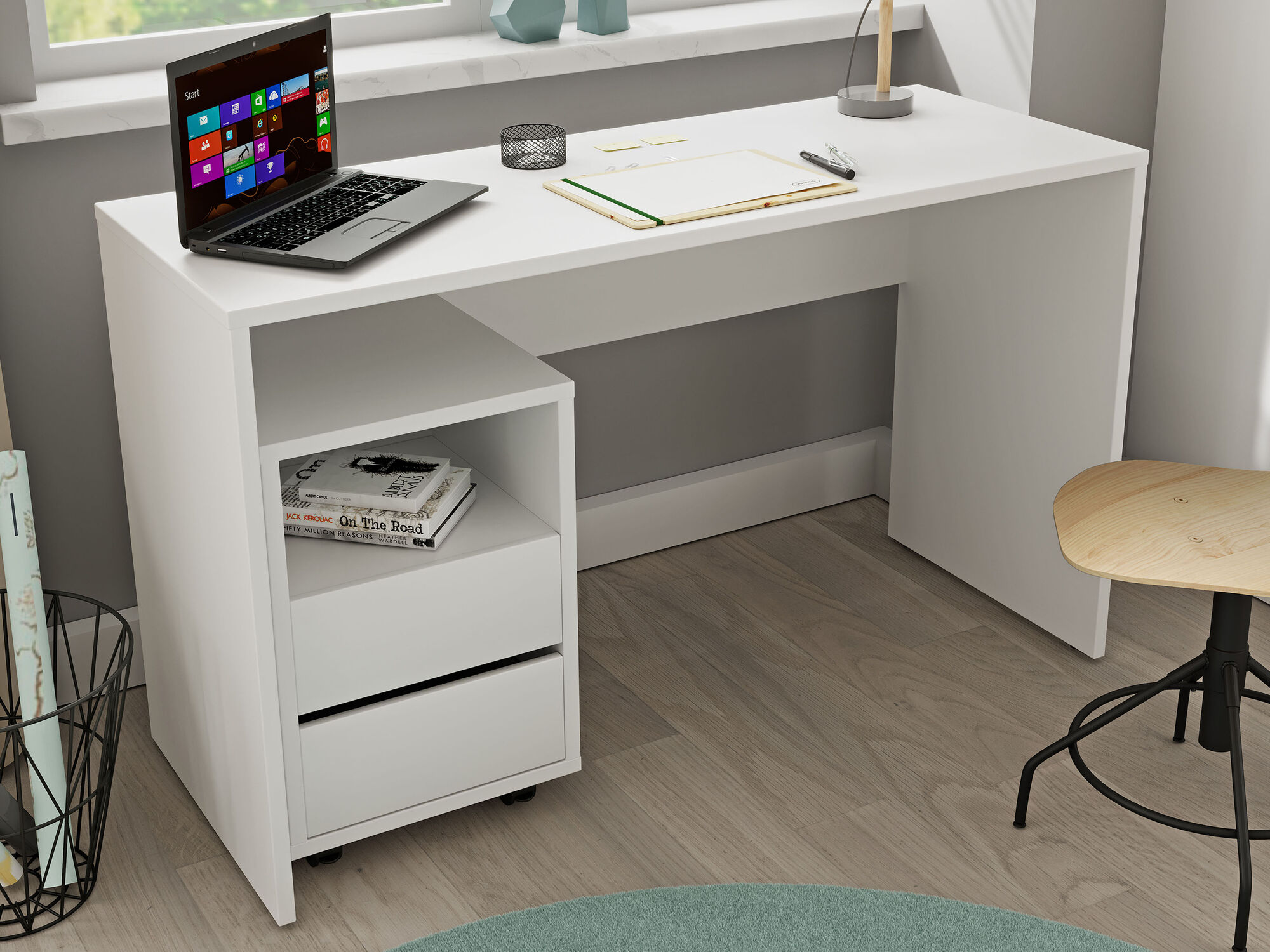 Bureau AGAMIR 130 cm blanc avec caisson