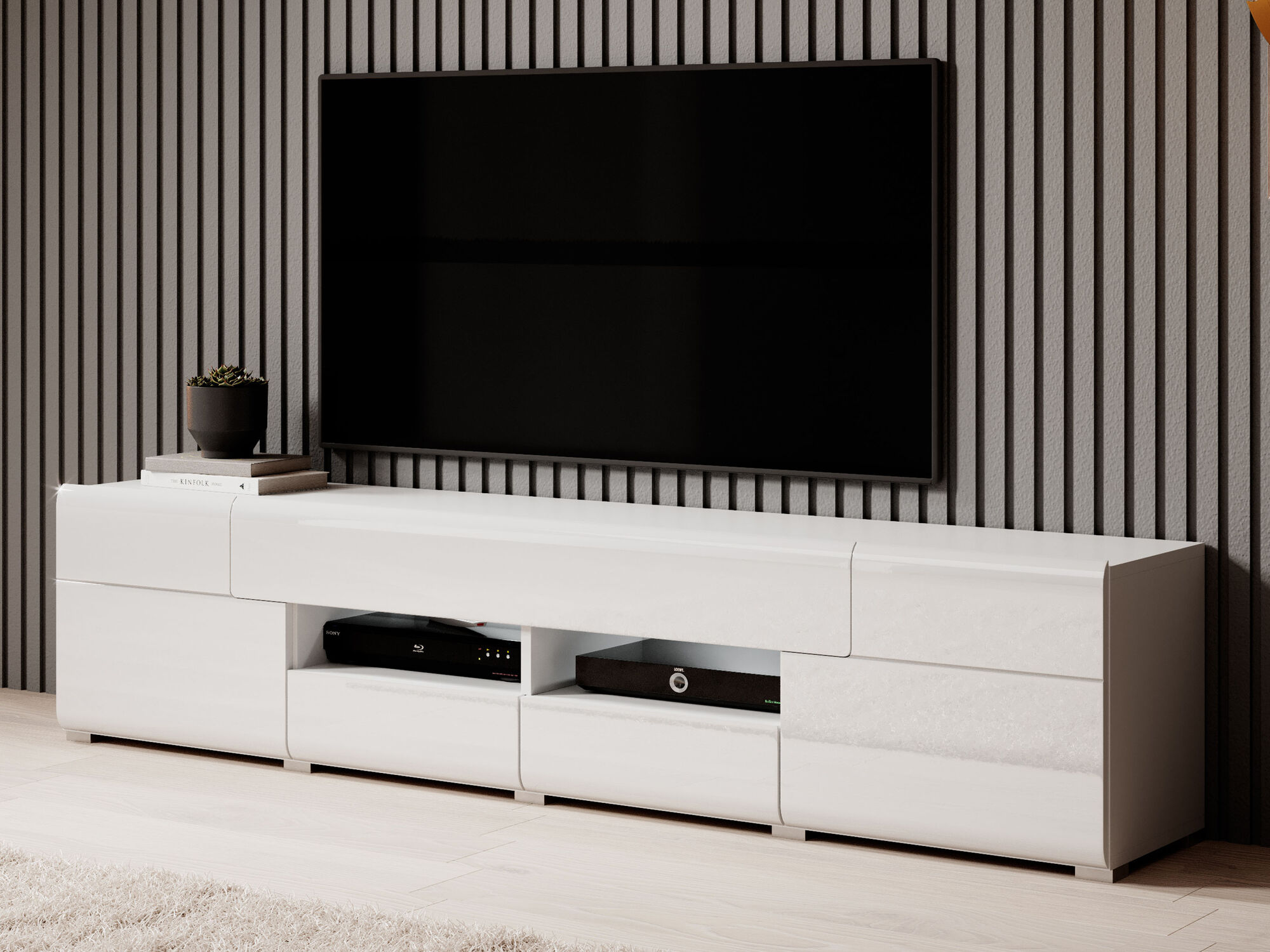 Meuble tv-hifi TOMASSON 2 portes 3 tiroirs blanc/blanc brillant