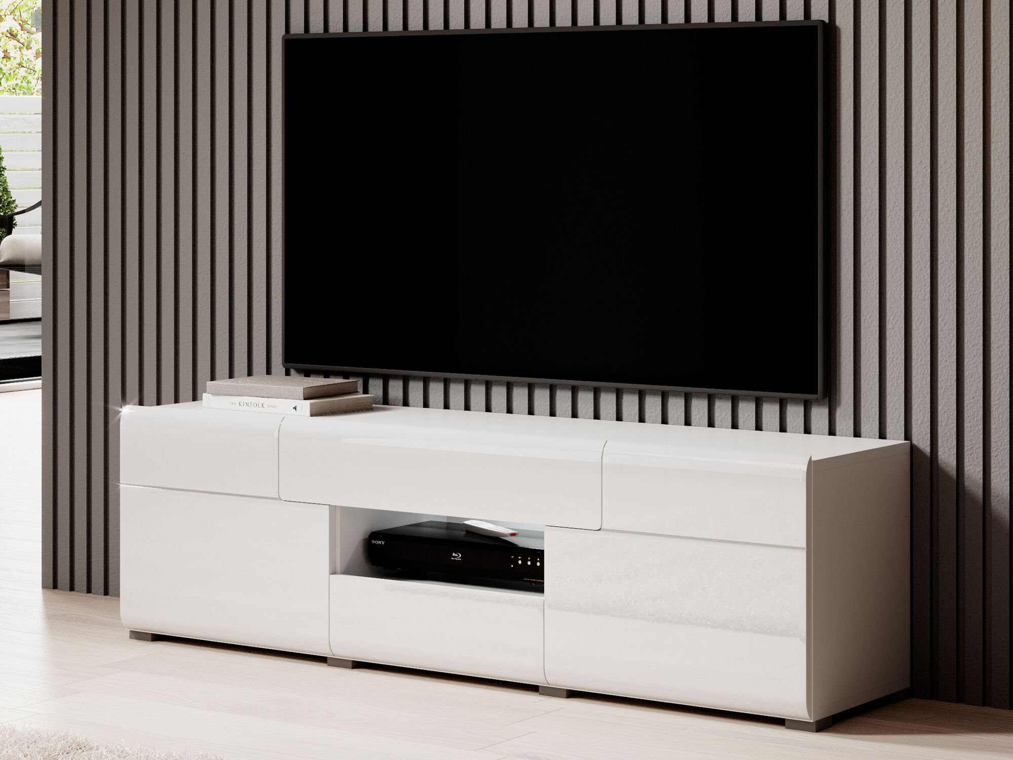 Meuble tv-hifi TOMASSON 2 portes 2 tiroirs blanc/blanc brillant avec led