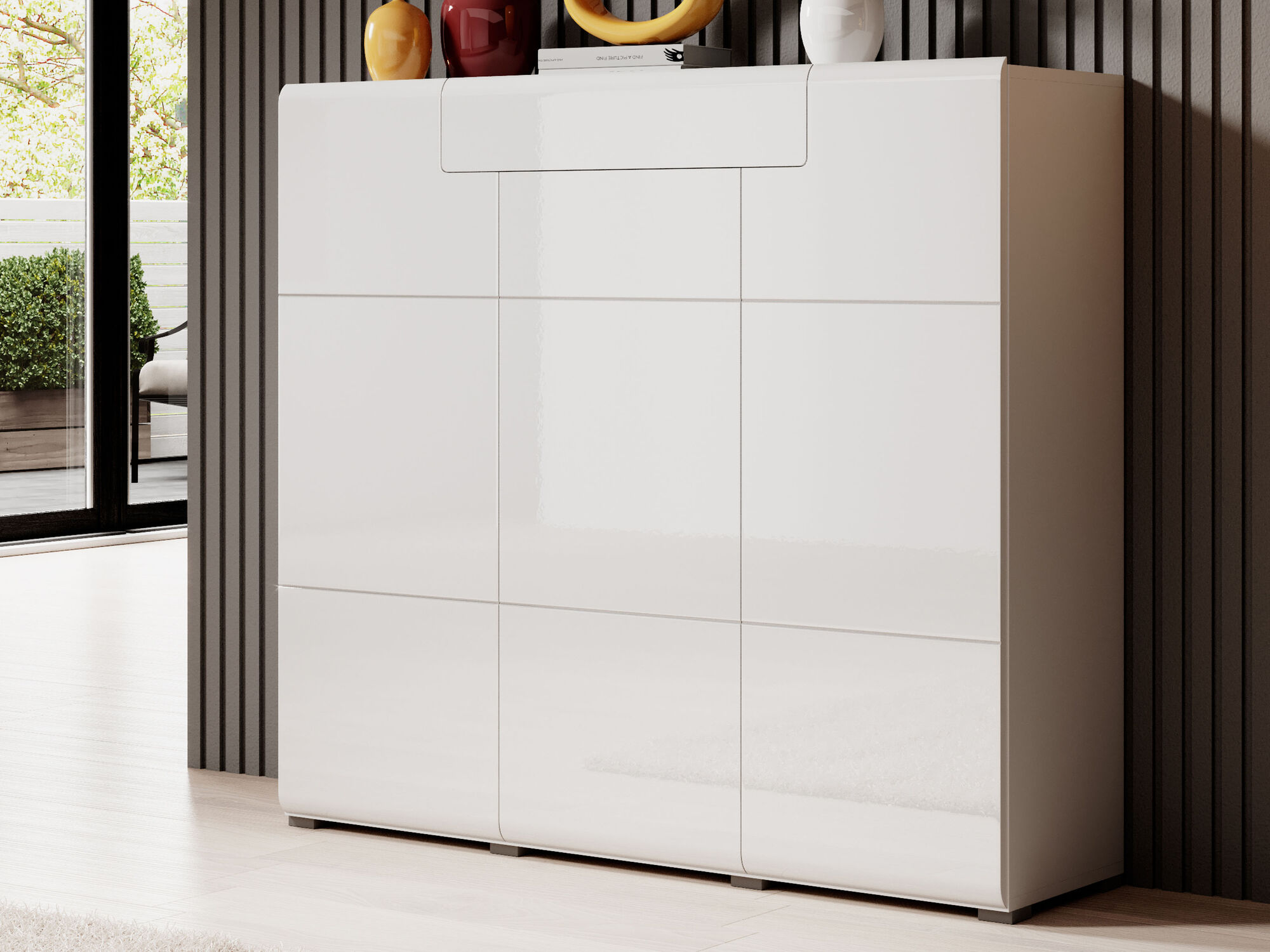 Commode haute TOMASSON 3 portes 1 tiroir blanc/blanc brillant