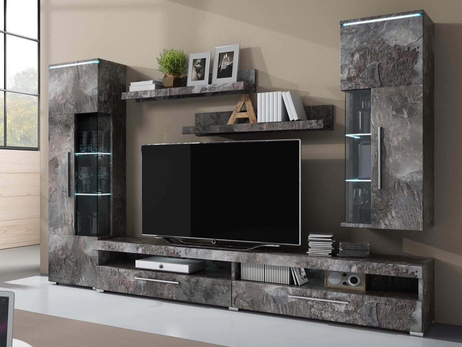 Mur tv-hifi INDIRA 02 4 portes ardoise colorée