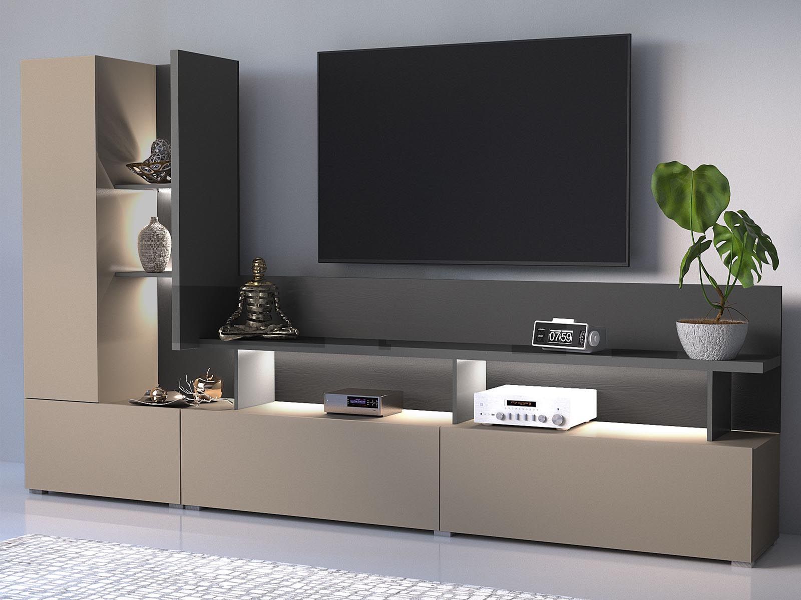 Mur tv-hifi SERRIE 2 portes 2 tiroirs anthracite/taupe
