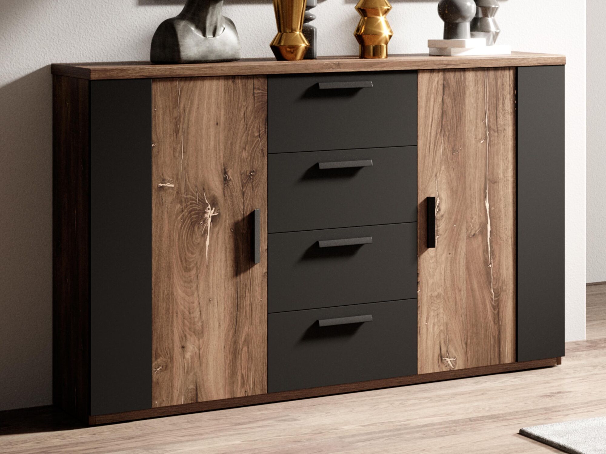 Commode SIGNAL 2 portes 4 tiroirs chêne flagstaff/noir mat