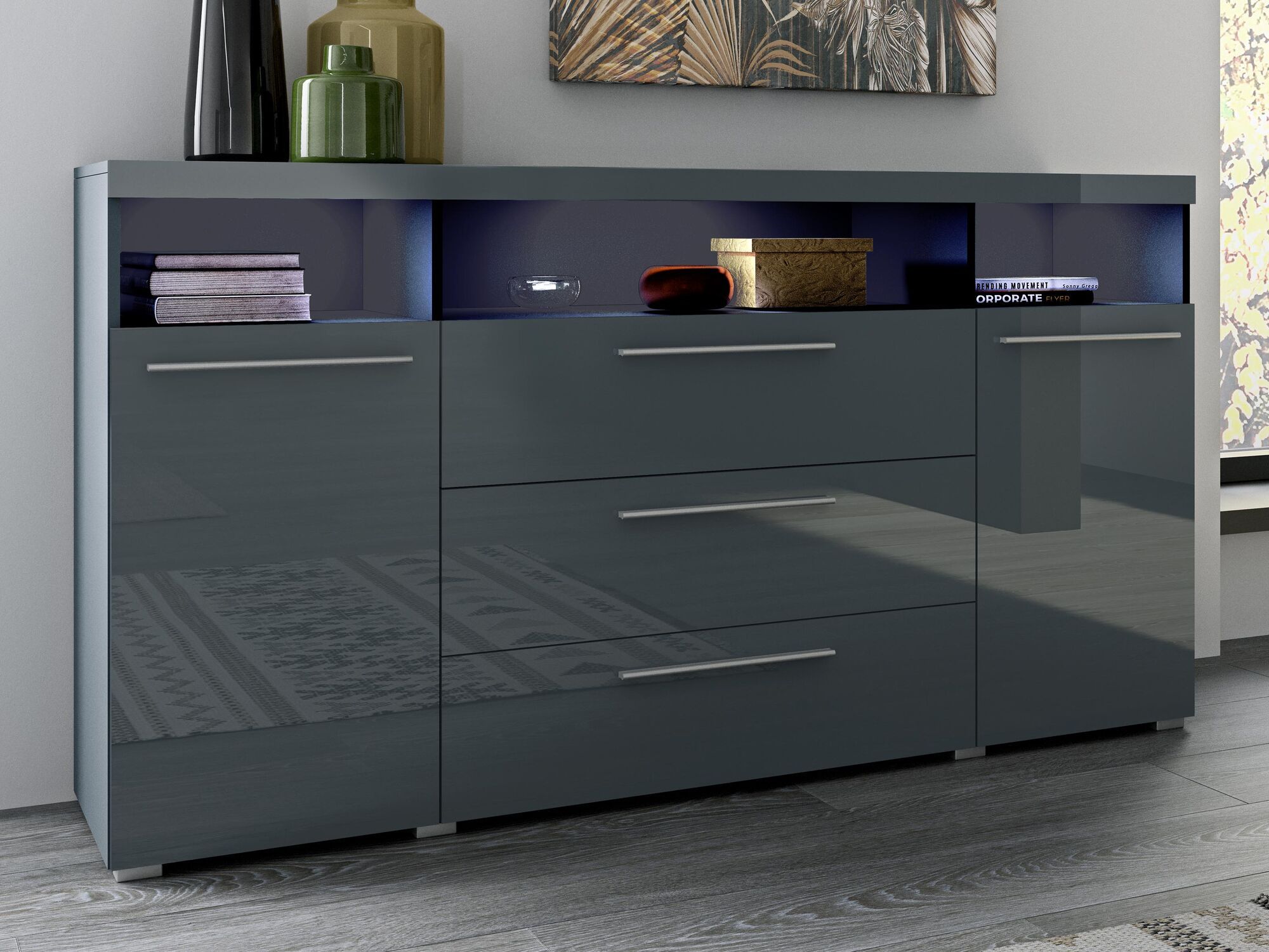 Buffet/bahut INAZO 2 portes 3 tiroirs gris/gris laqué avec led