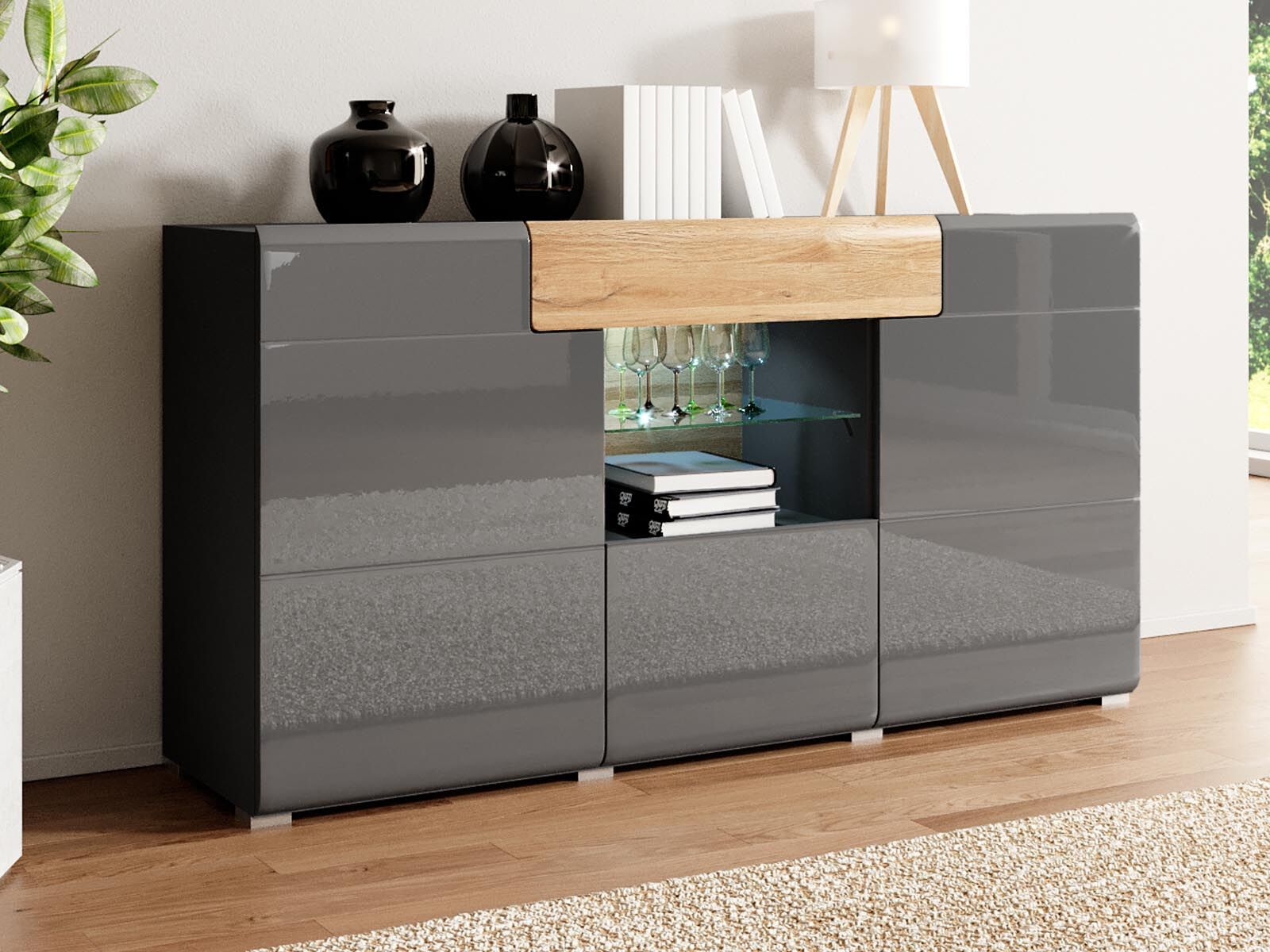 Buffet/bahut TORERO 3 portes 1 tiroir chêne grandson/anthracite avec led