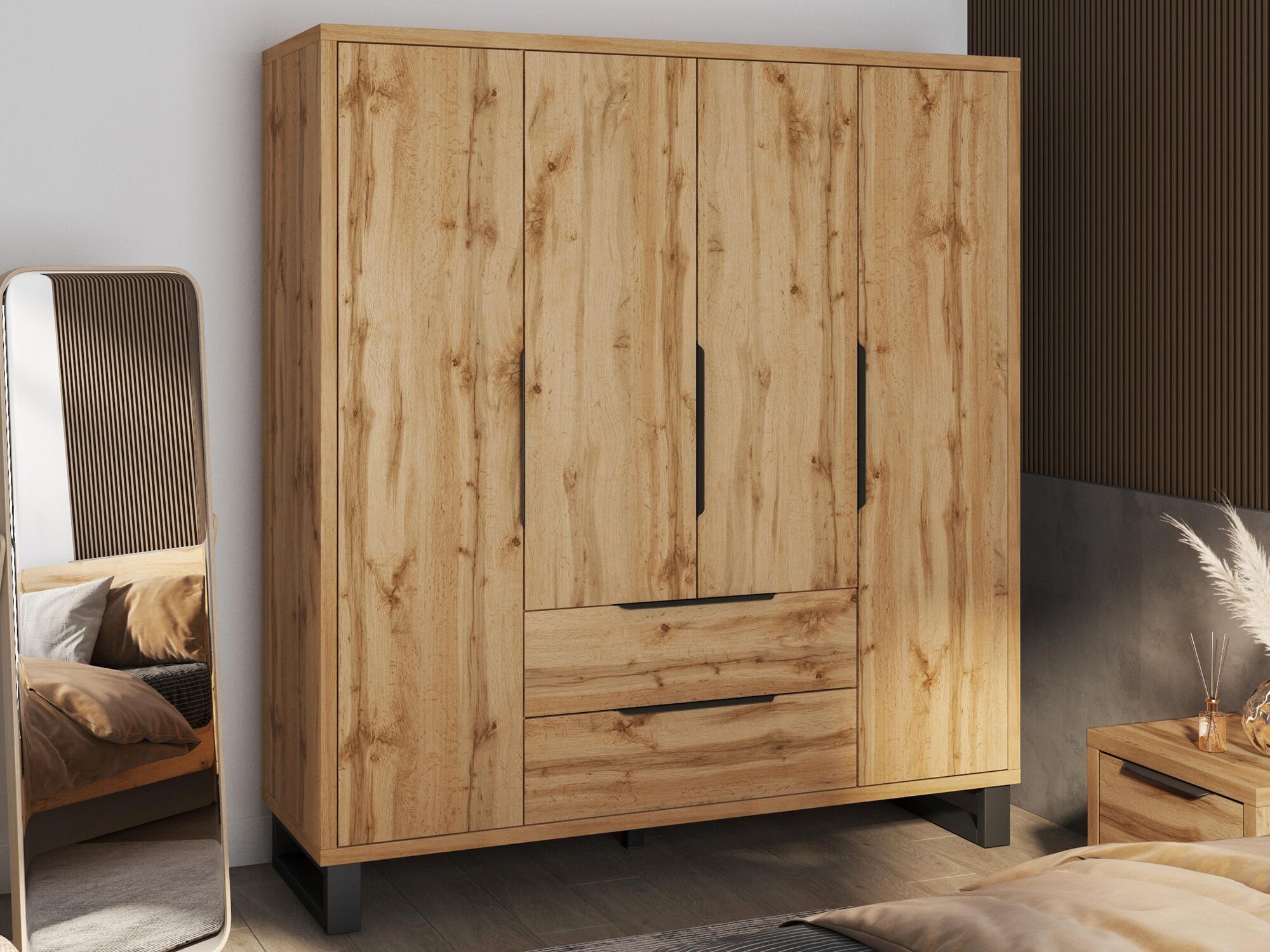 Armoire HAMETTE 4 portes 2 tiroirs chêne wotan