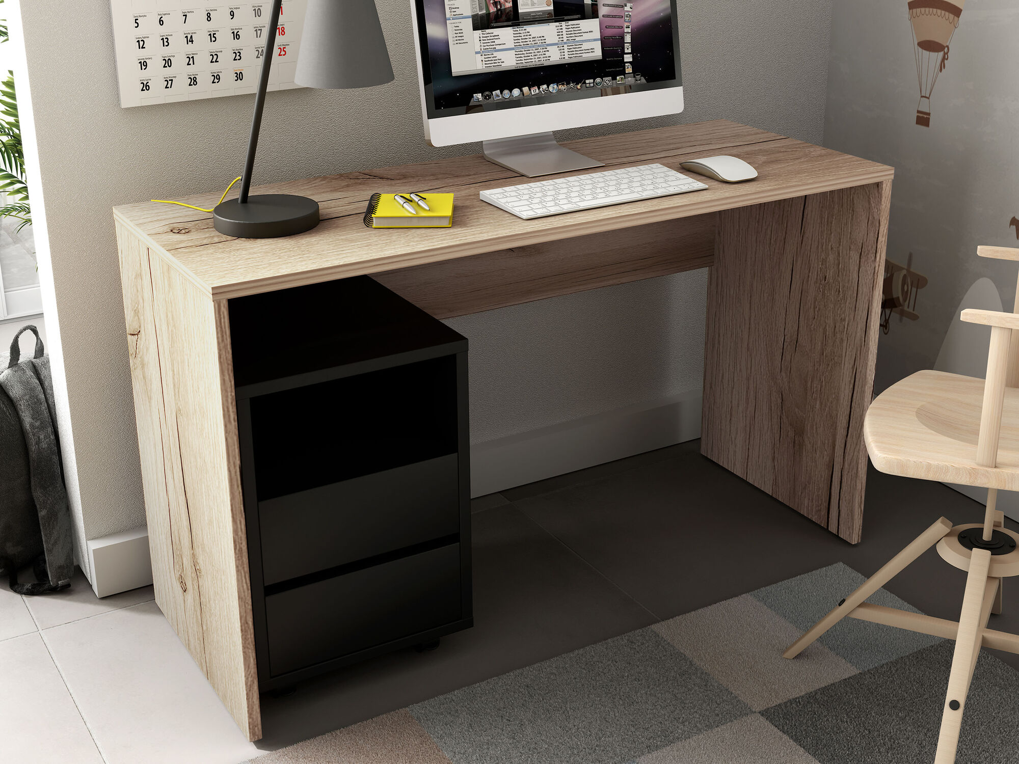Bureau AGAMIR 130 cm chêne naturel avec caisson noir