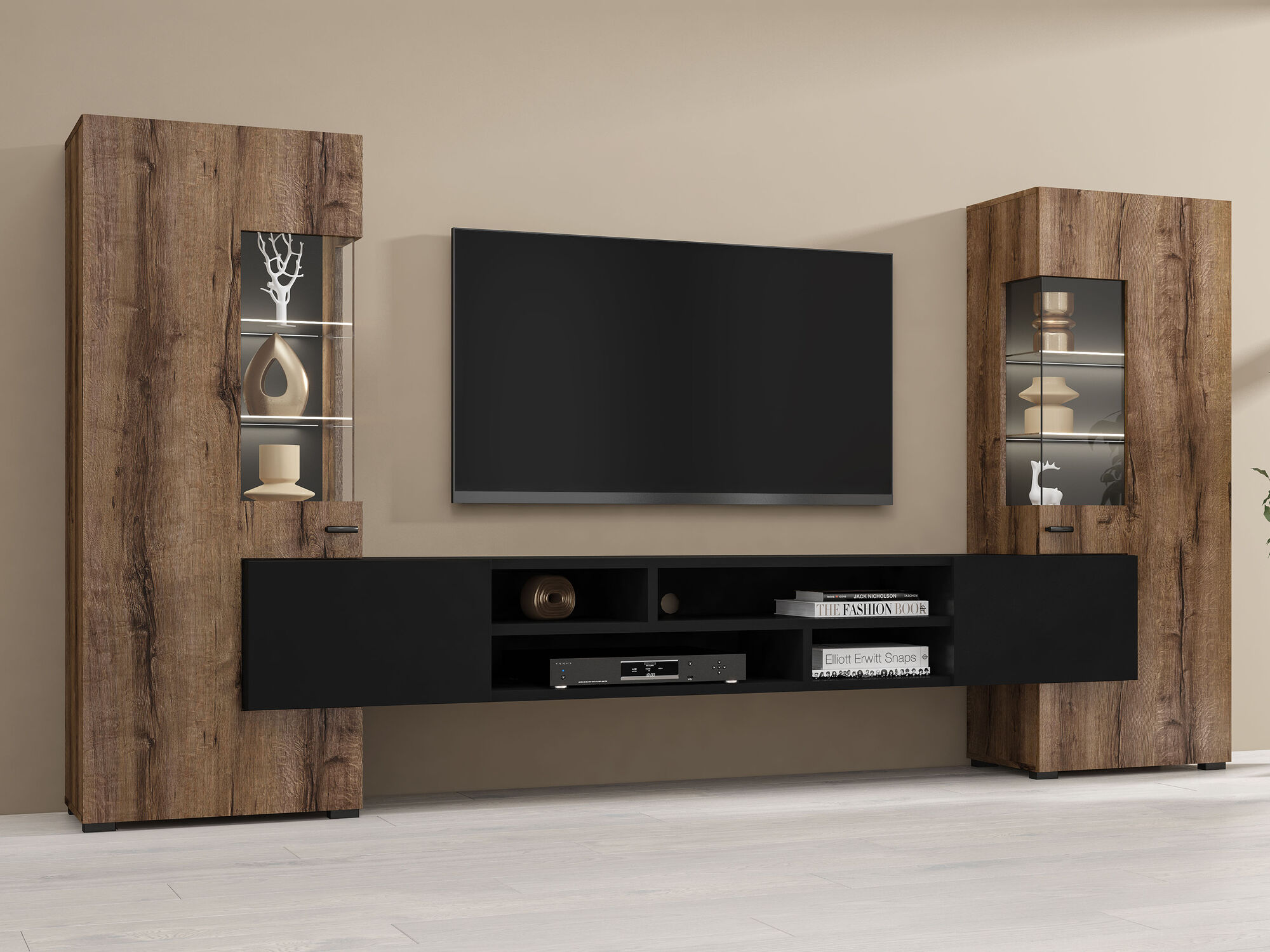 Mur tv-hifi KODI 4 portes chêne monastère/noir