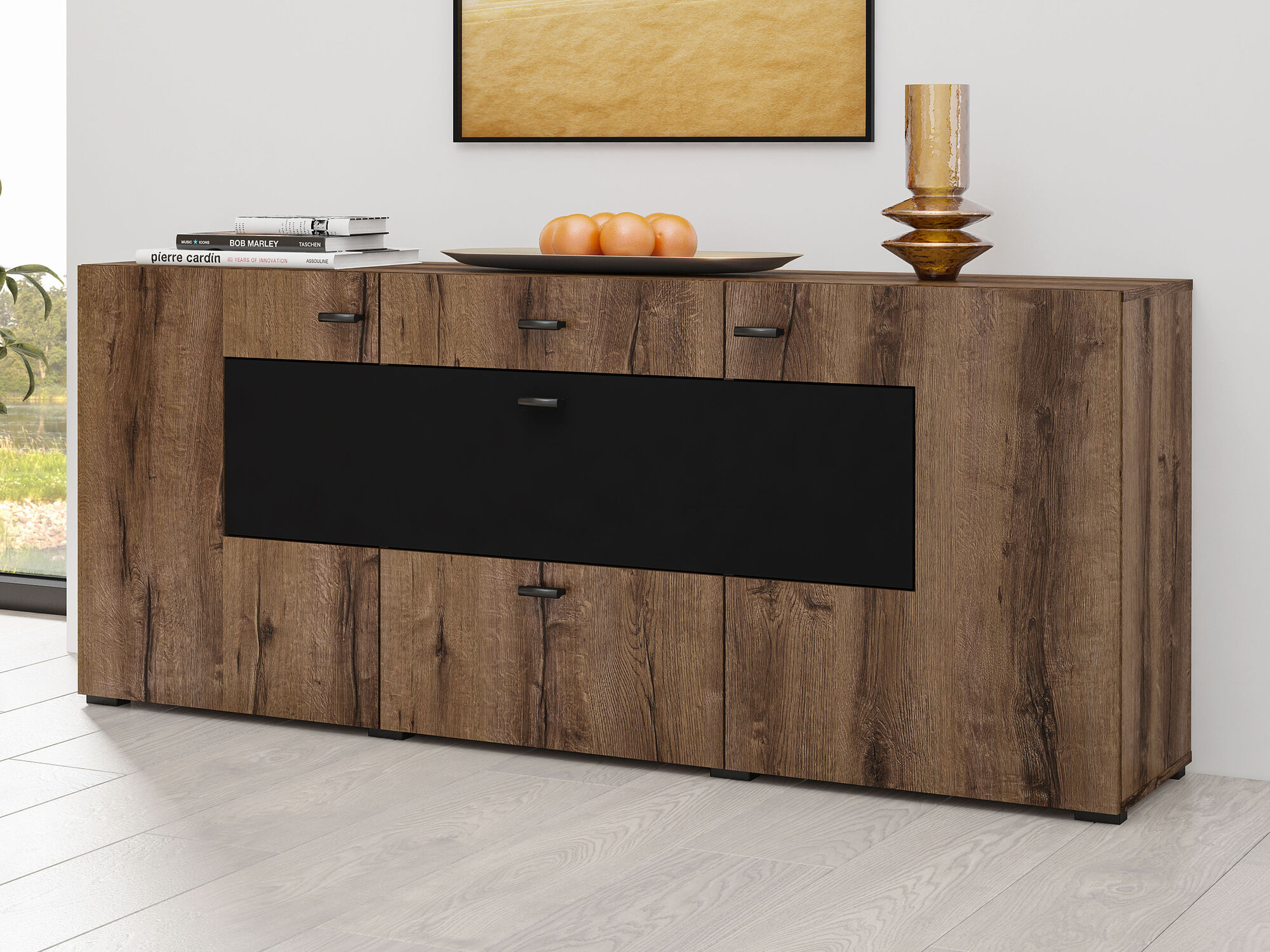 Buffet/bahut KODI 3 portes 2 tiroirs chêne monastère/noir