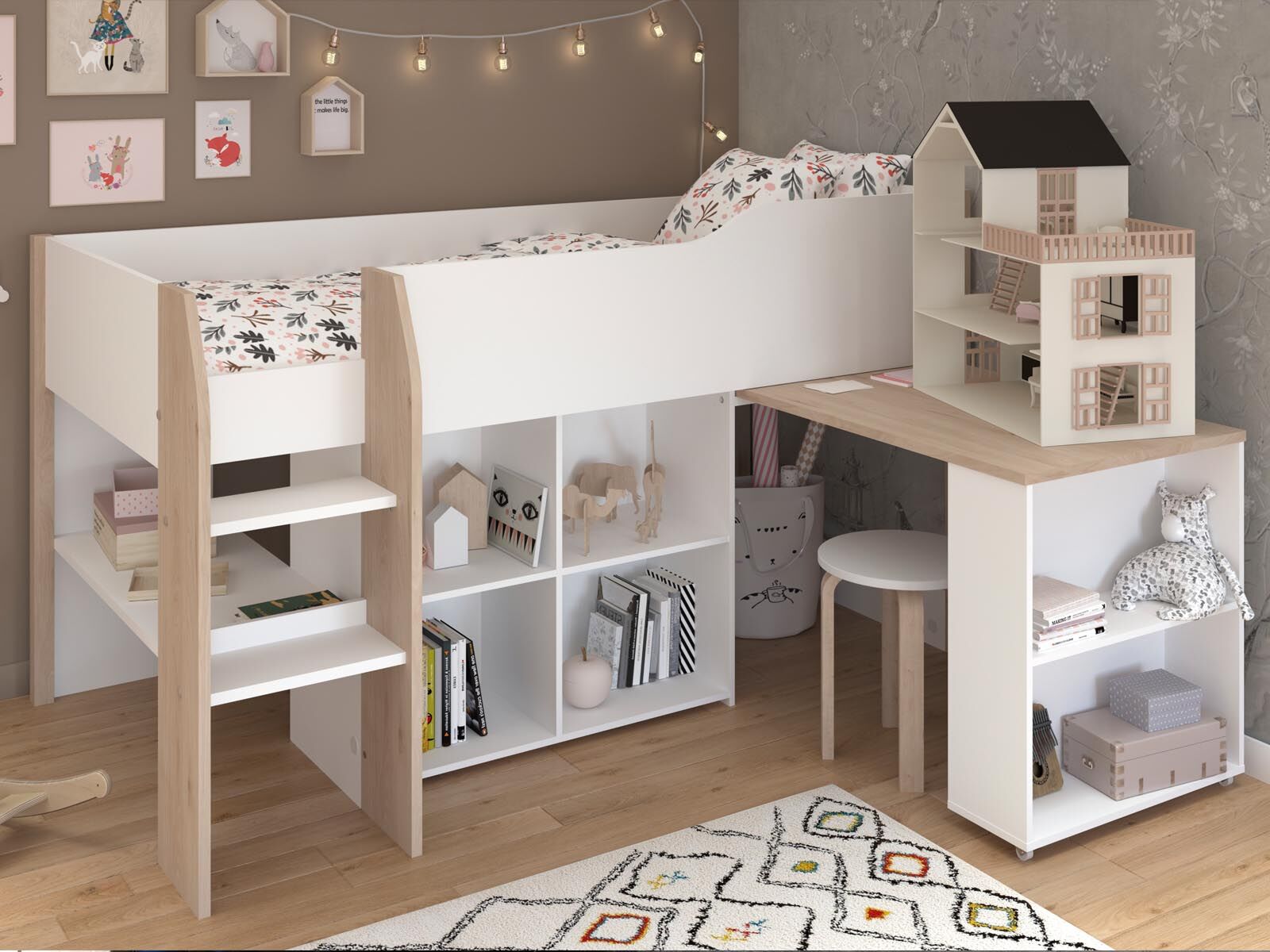 Lit combiné FINNY 90x200 cm blanc/chêne jackson