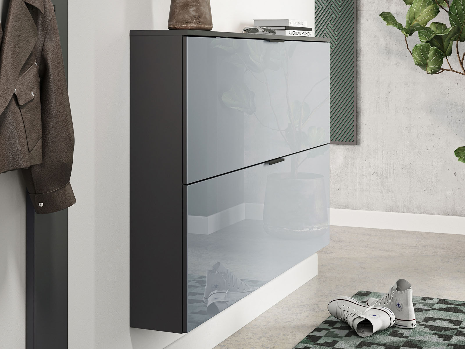 Meuble à chaussures UTANA 2 portes 140 cm graphite/gris argent