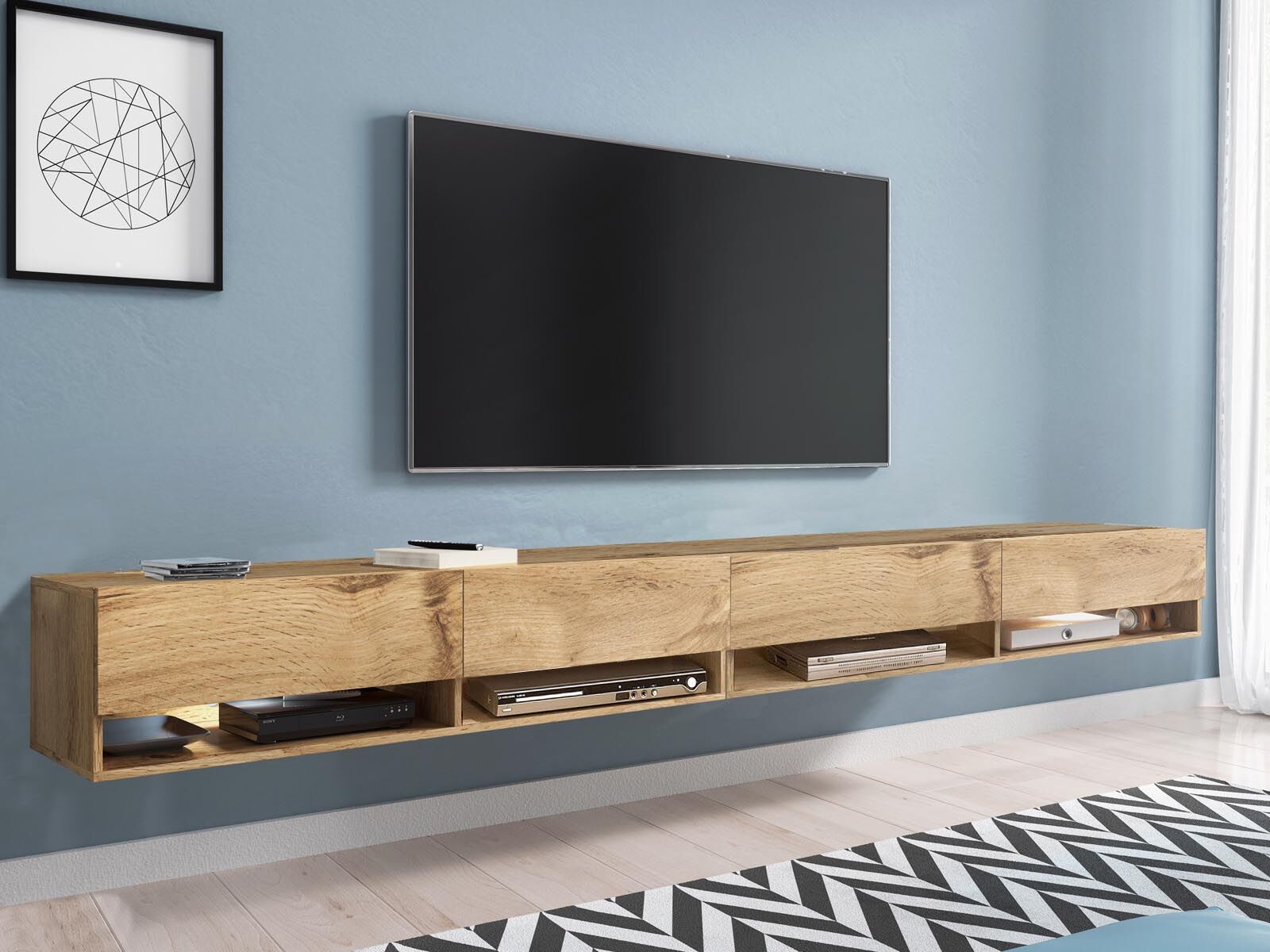 Meuble tv-hifi ACAPULCO 4 portes battantes 280 cm chêne wotan avec led