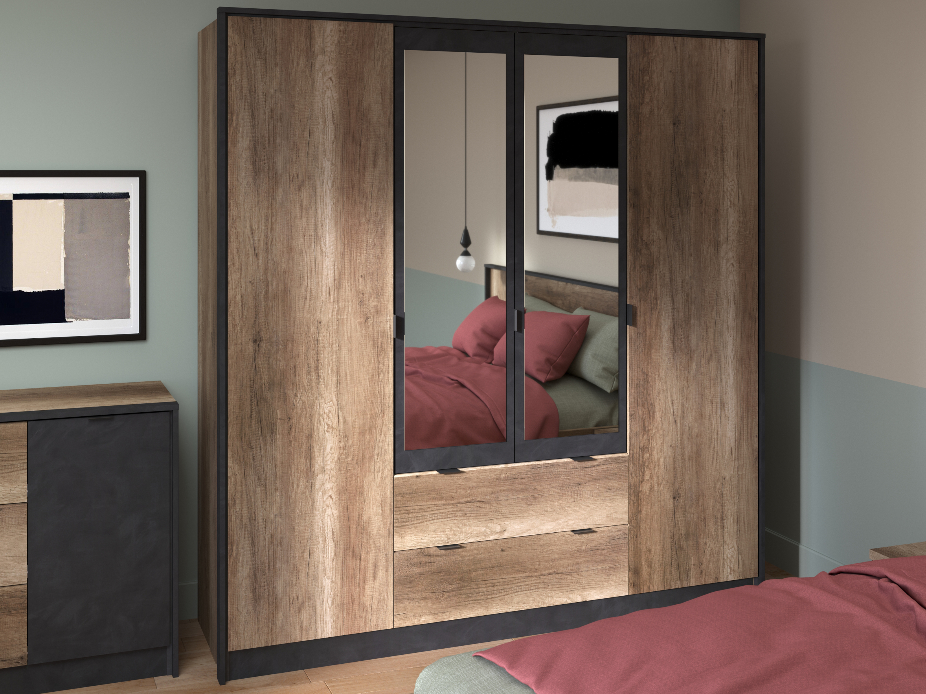 Armoire TORRY 4 portes 2 tiroirs chêne artisan/noir