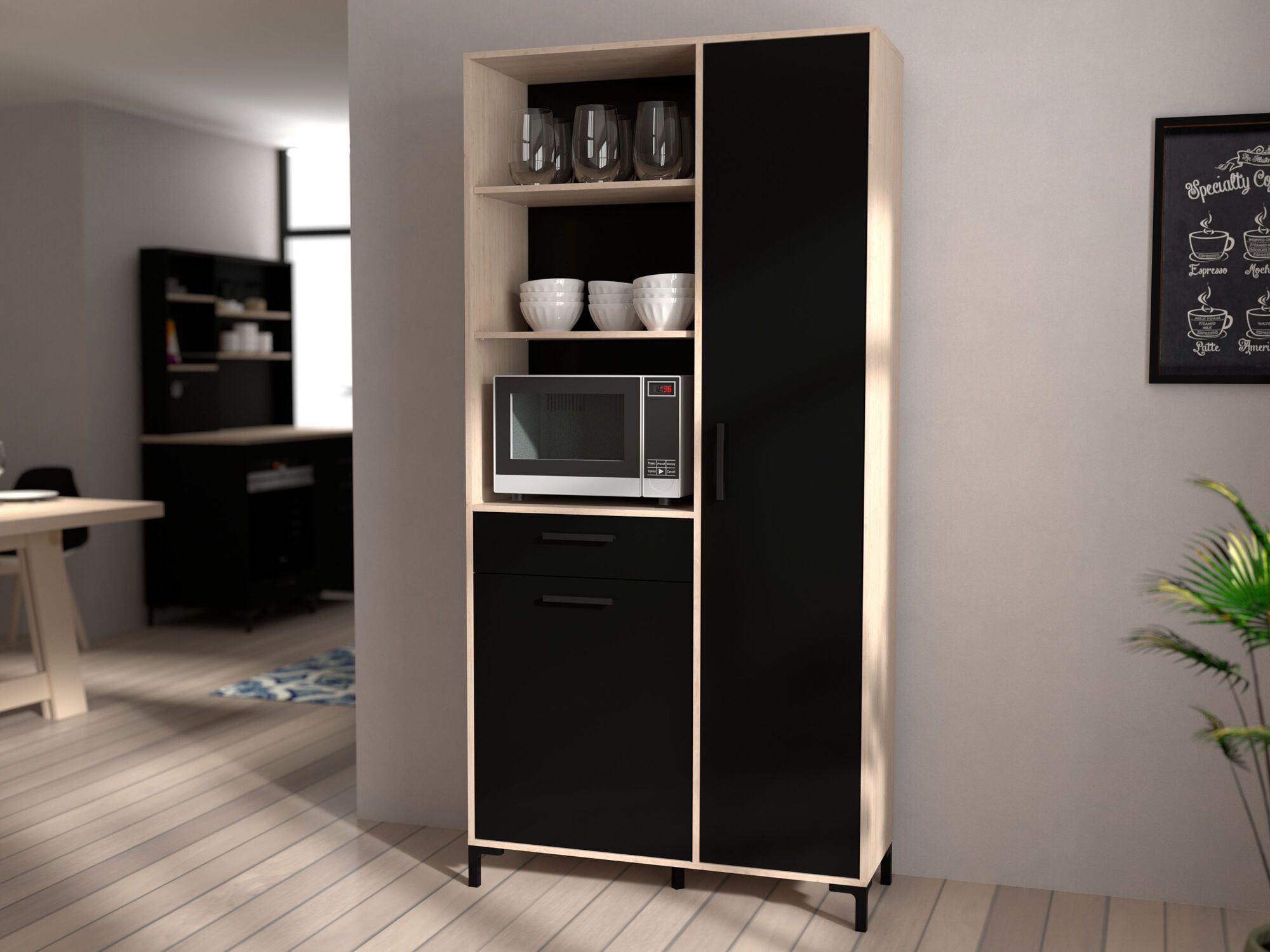 Armoire de cuisine STUDALI 2 portes 1 tiroir noir/chêne jackson