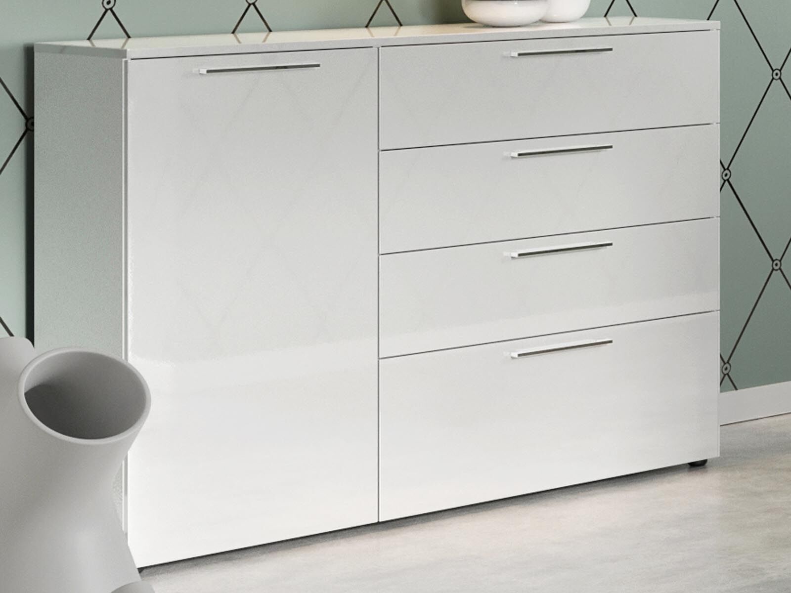 Commode SUNNA 1 porte 4 tiroirs blanc brillant