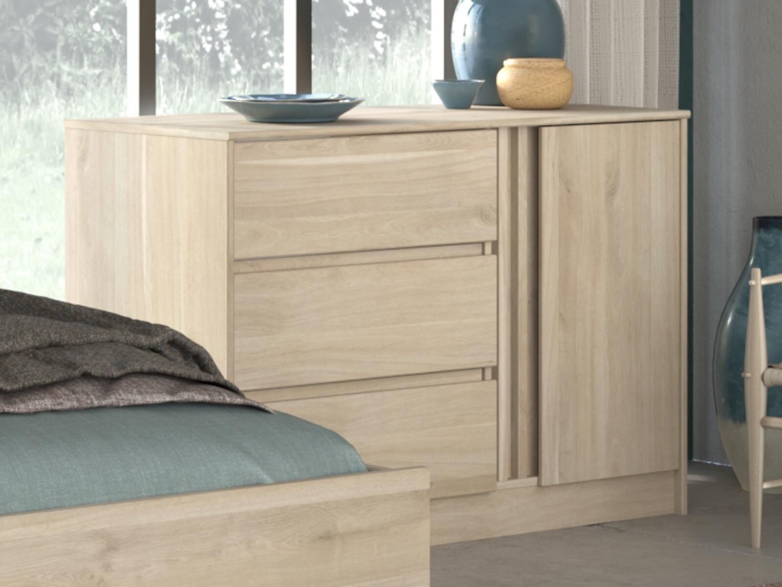 Commode ESCAPE 1 porte 3 tiroirs chêne japonais