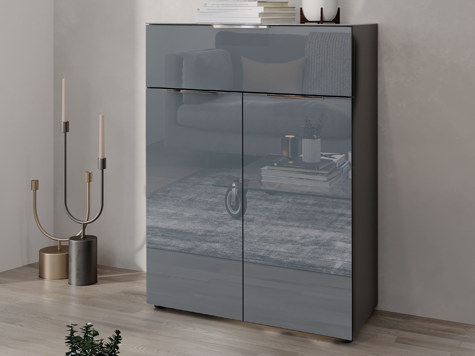 Commode OAKLAIR 2 portes 1 tiroir graphite/gris brillant