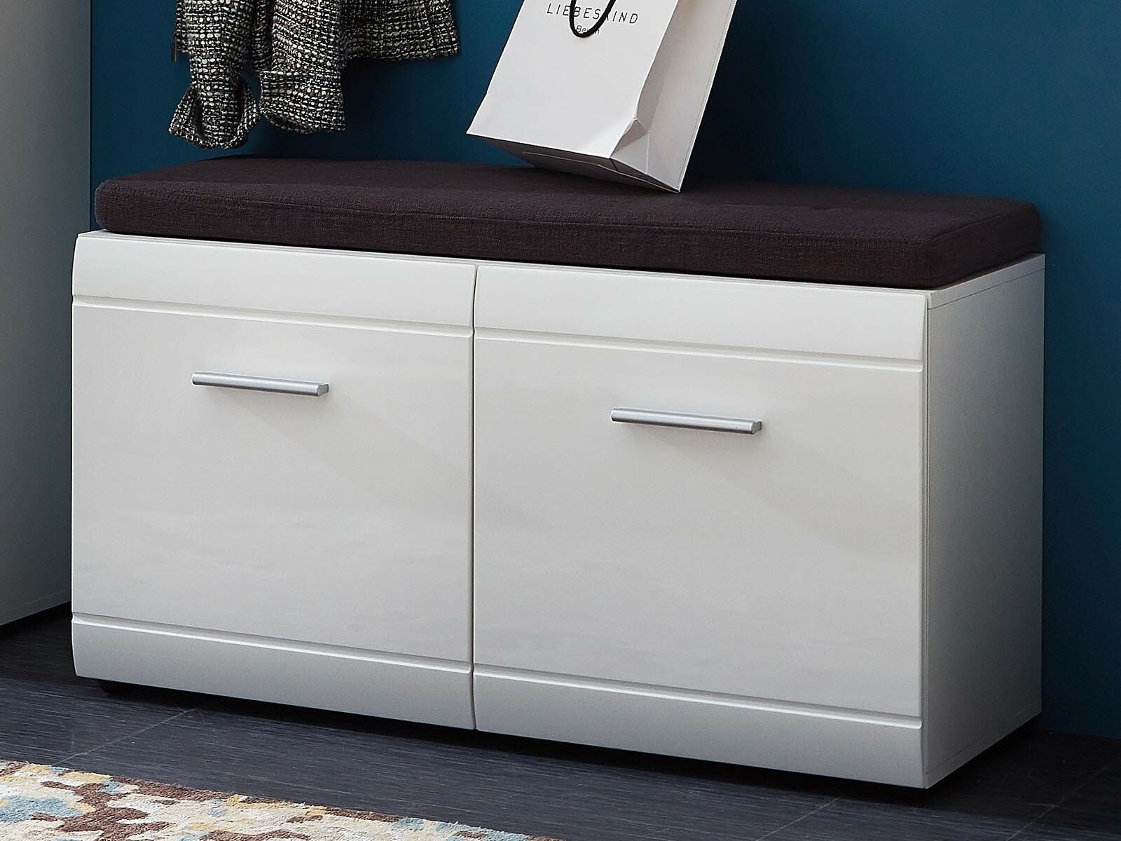 Banc à chaussures PITTA 2 portes blanc brillant avec coussin