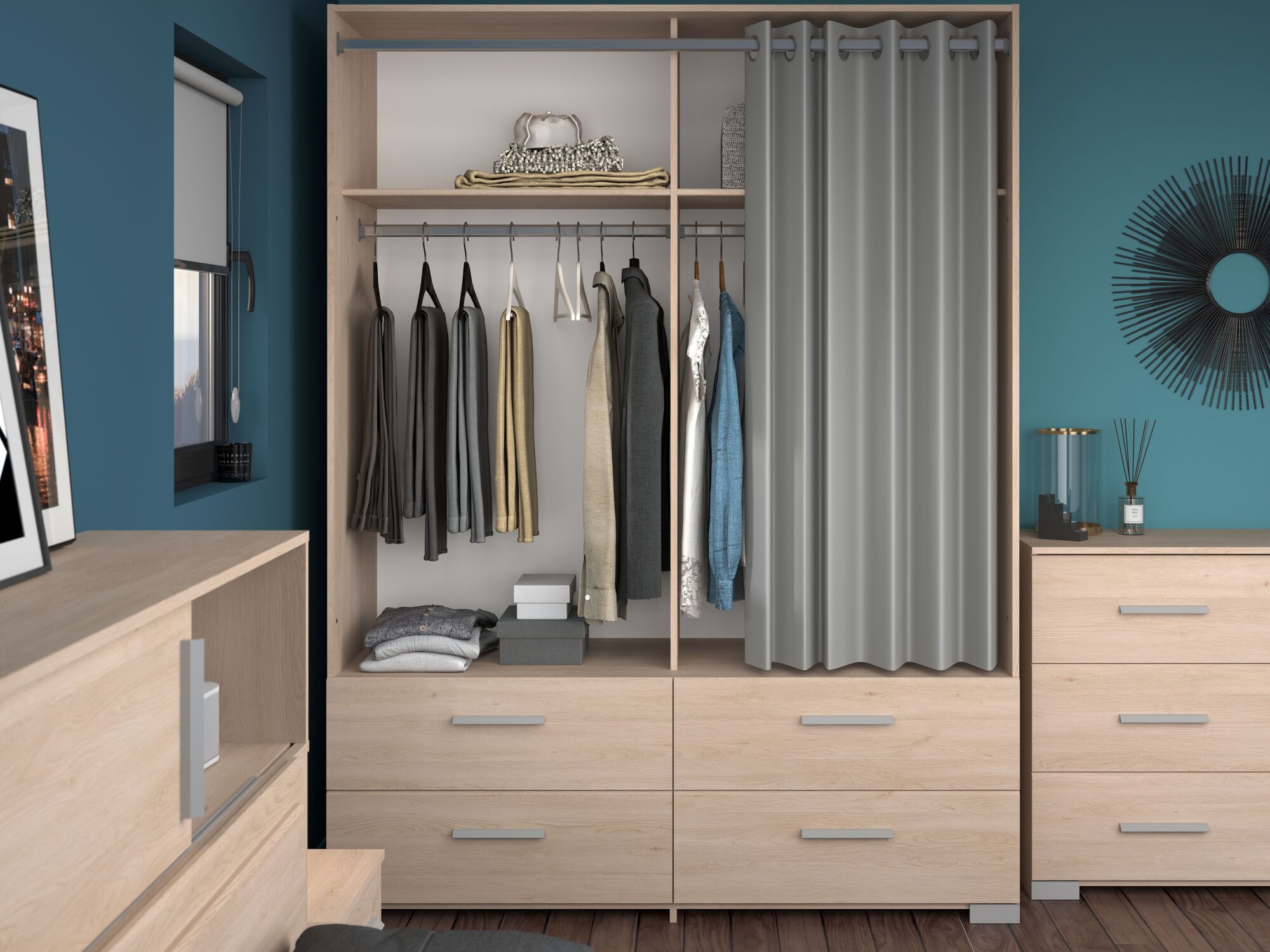 Armoire penderie EKLAKO 4 tiroirs chêne brooklyn